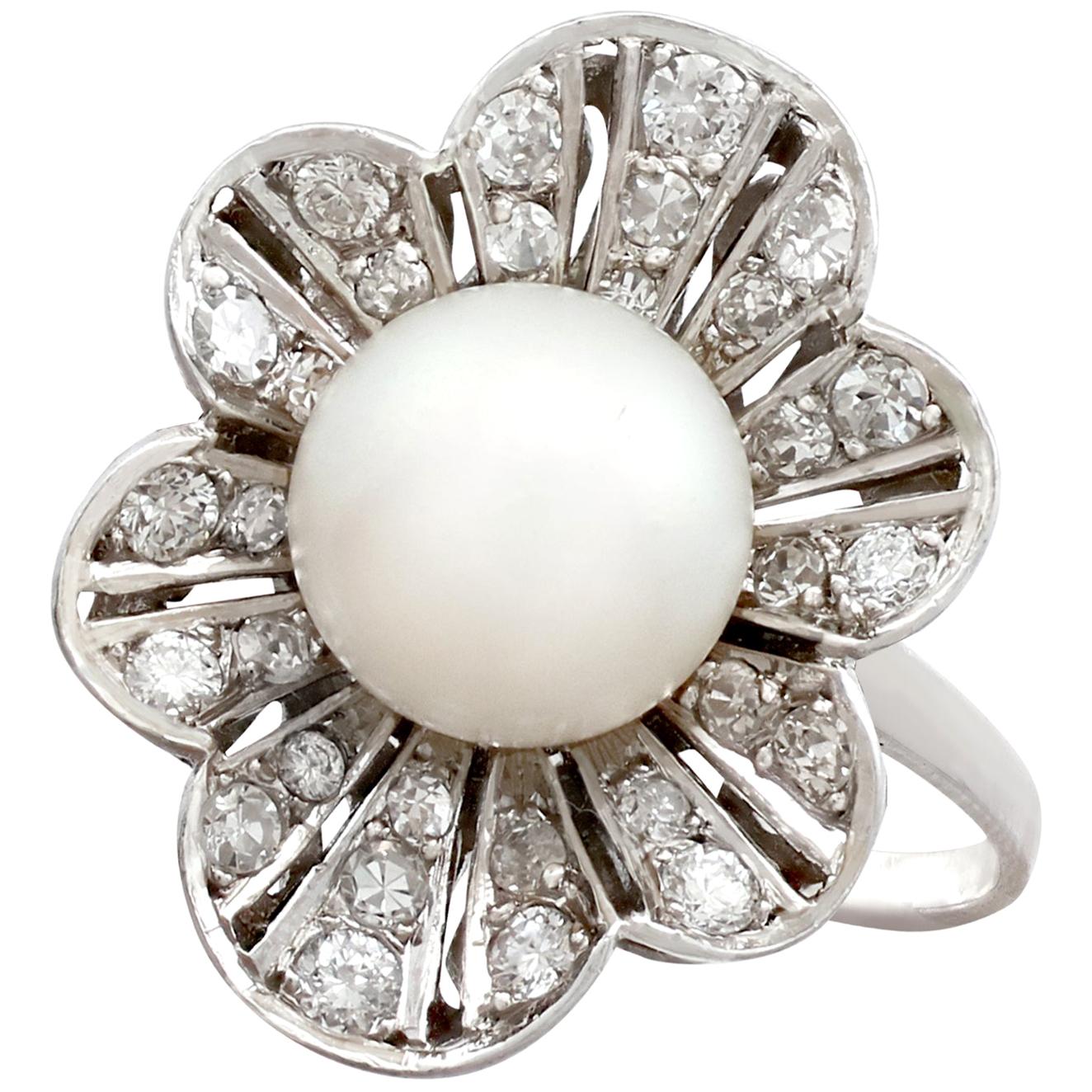 Cultured Pearl Diamond Platinum Triple Cluster Ring For Sale at 1stDibs