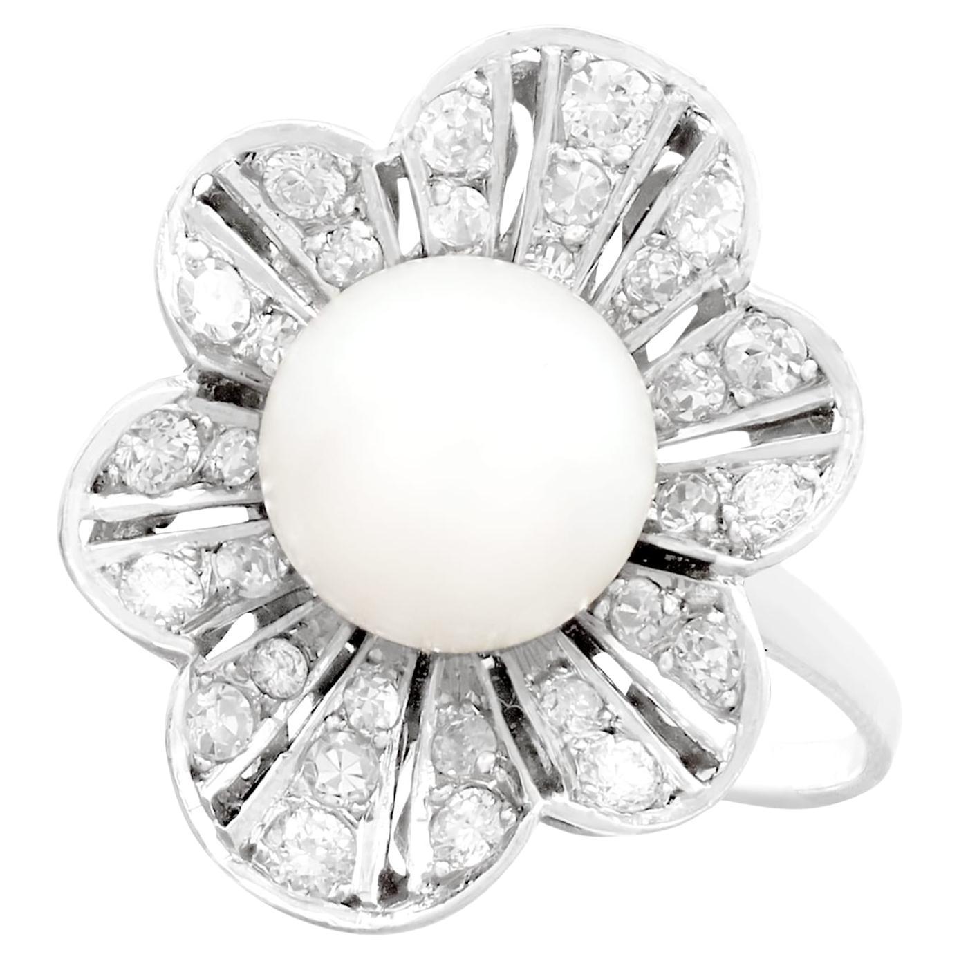 1950s Cultured Pearl and 1.02 Carat Diamond Platinum Cluster Ring For Sale