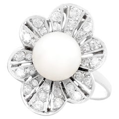 Retro 1950s Cultured Pearl and 1.02 Carat Diamond Platinum Cluster Ring