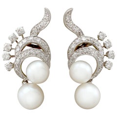 1950s Cultured Pearl and 1.72 Carat Diamond Platinum Drop Earrings 