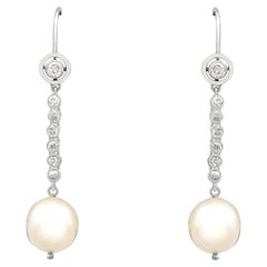 Retro 1950s Cultured Pearl and Diamond Platinum Drop Earrings