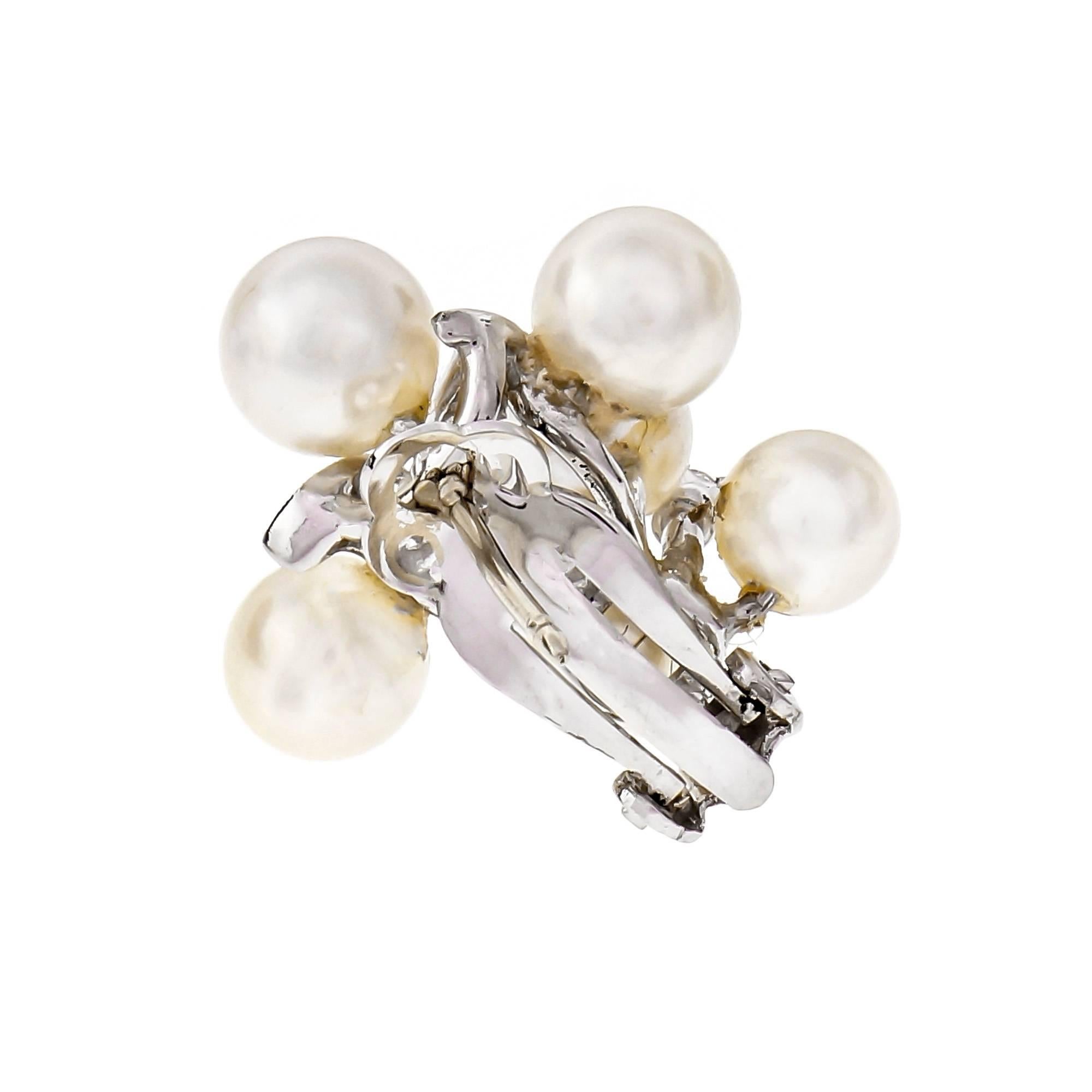 Round Cut 1950s Cultured Pearl Diamond Swirl Clip Post Flower Gold Earrings