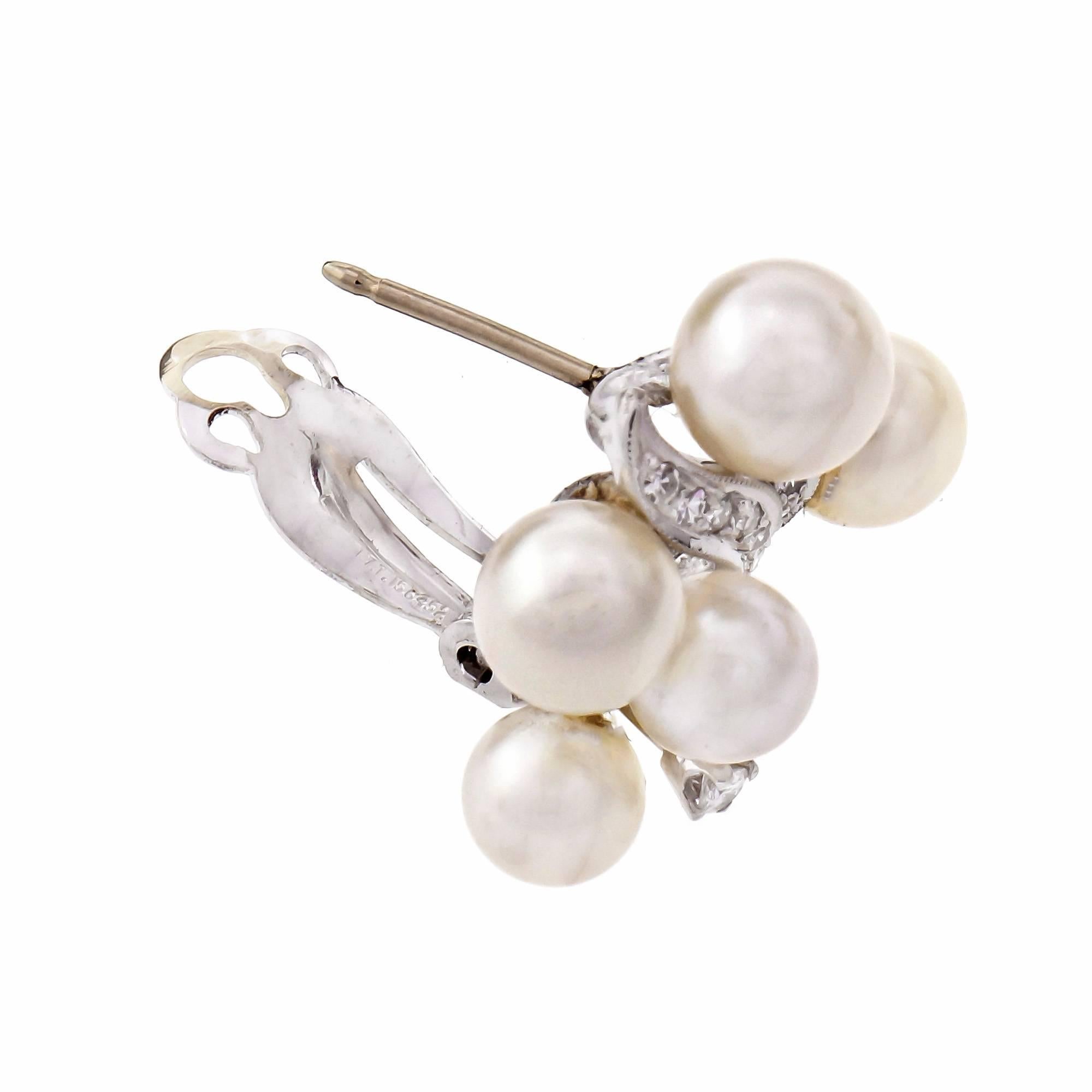 Women's 1950s Cultured Pearl Diamond Swirl Clip Post Flower Gold Earrings