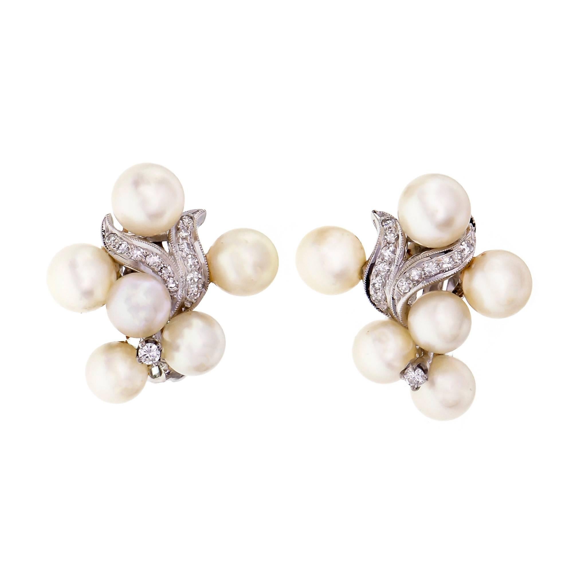 1950s Cultured Pearl Diamond Swirl Clip Post Flower Gold Earrings