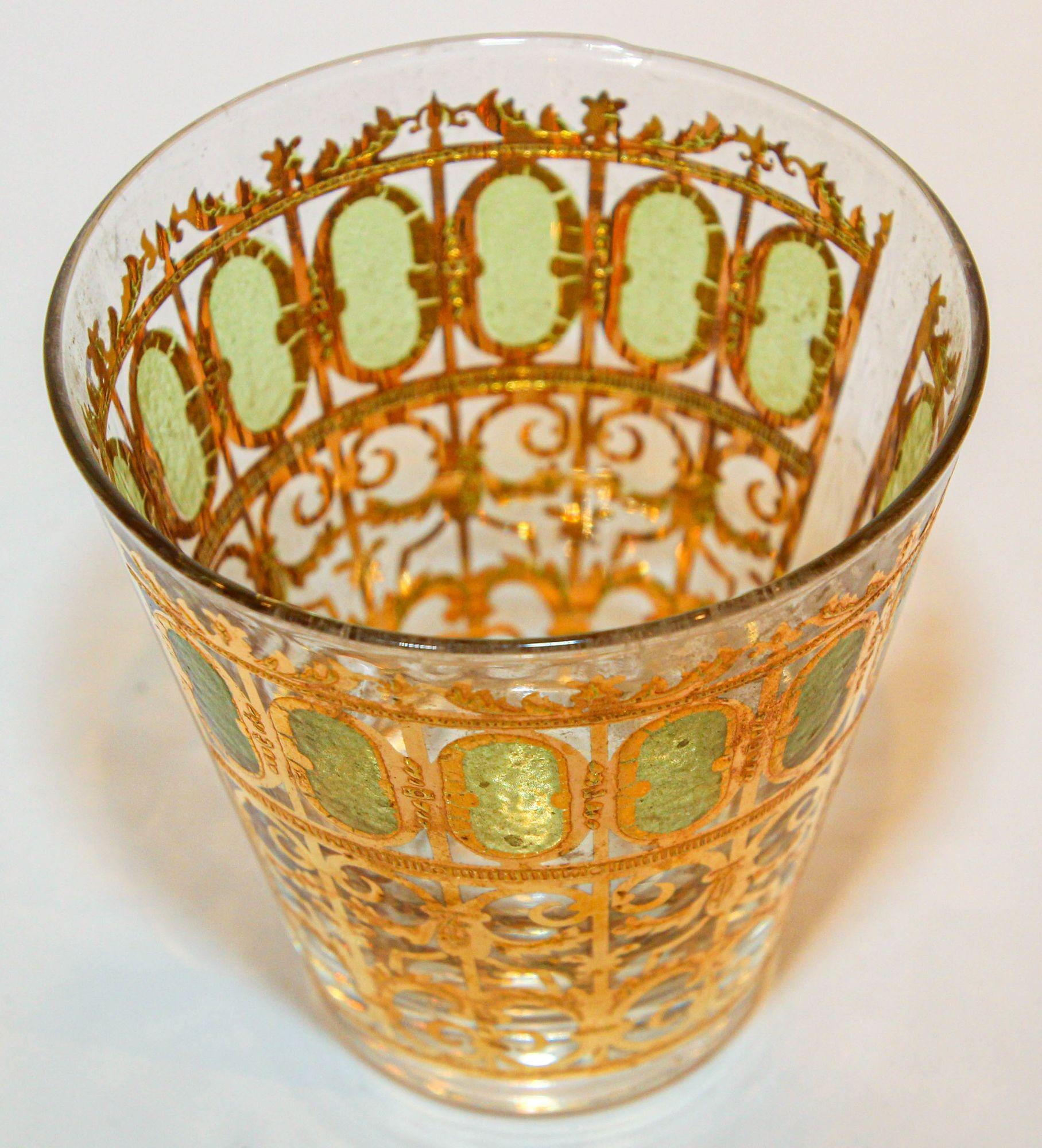 Mid-Century Culver Ltd Gold and Teal Green Vintage Rocks Single Glass With 22-Karat Gold Accents and Arched Window Pattern.
Vintage Culver Ltd Emerald Green Scroll double old fashioned glass with bright 22k gold trim. 
Collectible Valencia pattern