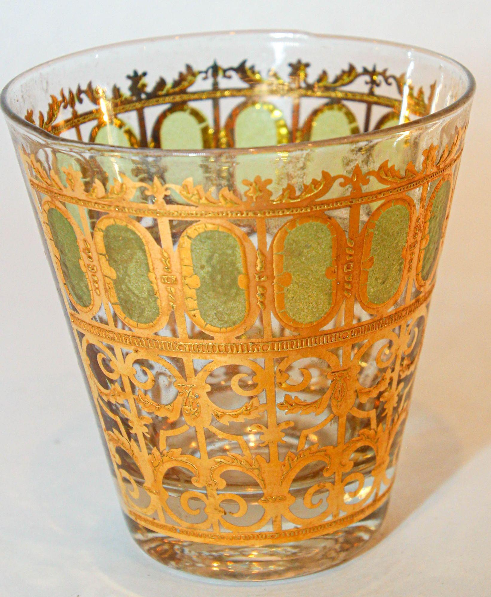 Hollywood Regency 1950s Culver Ltd Valencia Pattern Barware with Green and 22 Karat Gold For Sale