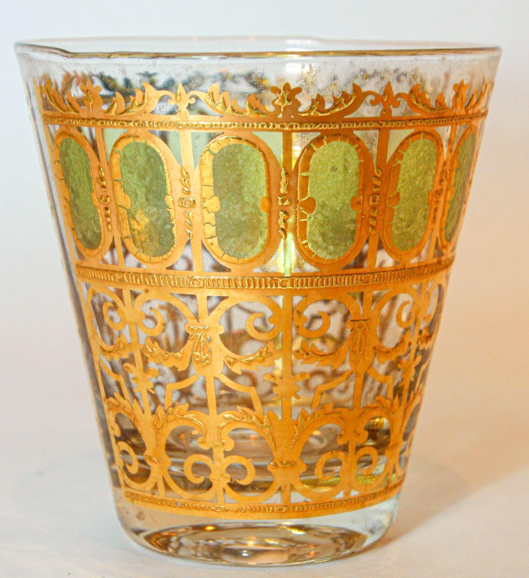 American 1950s Culver Ltd Valencia Pattern Barware with Green and 22 Karat Gold For Sale