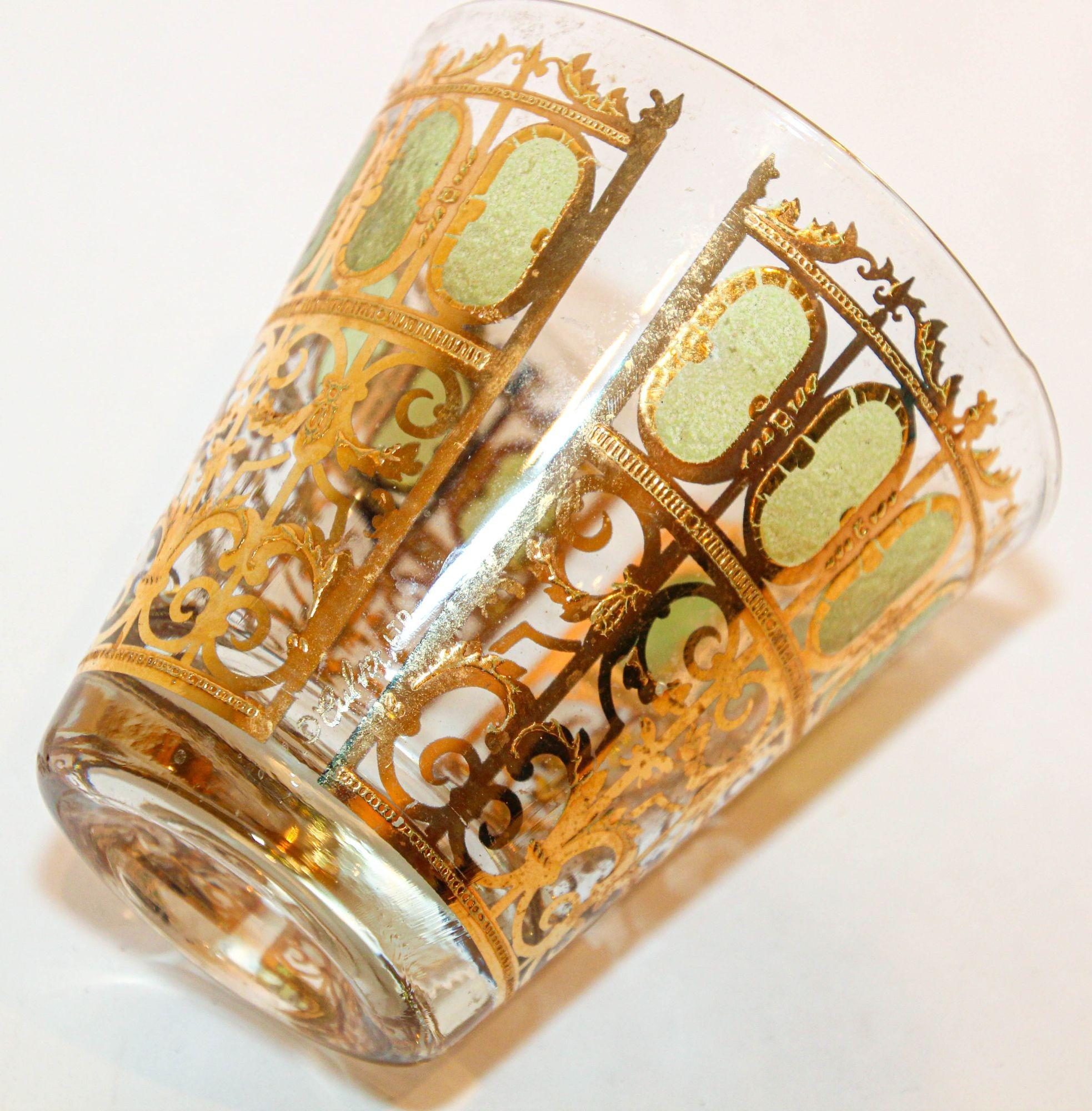 Gilt 1950s Culver Ltd Valencia Pattern Barware with Green and 22 Karat Gold For Sale