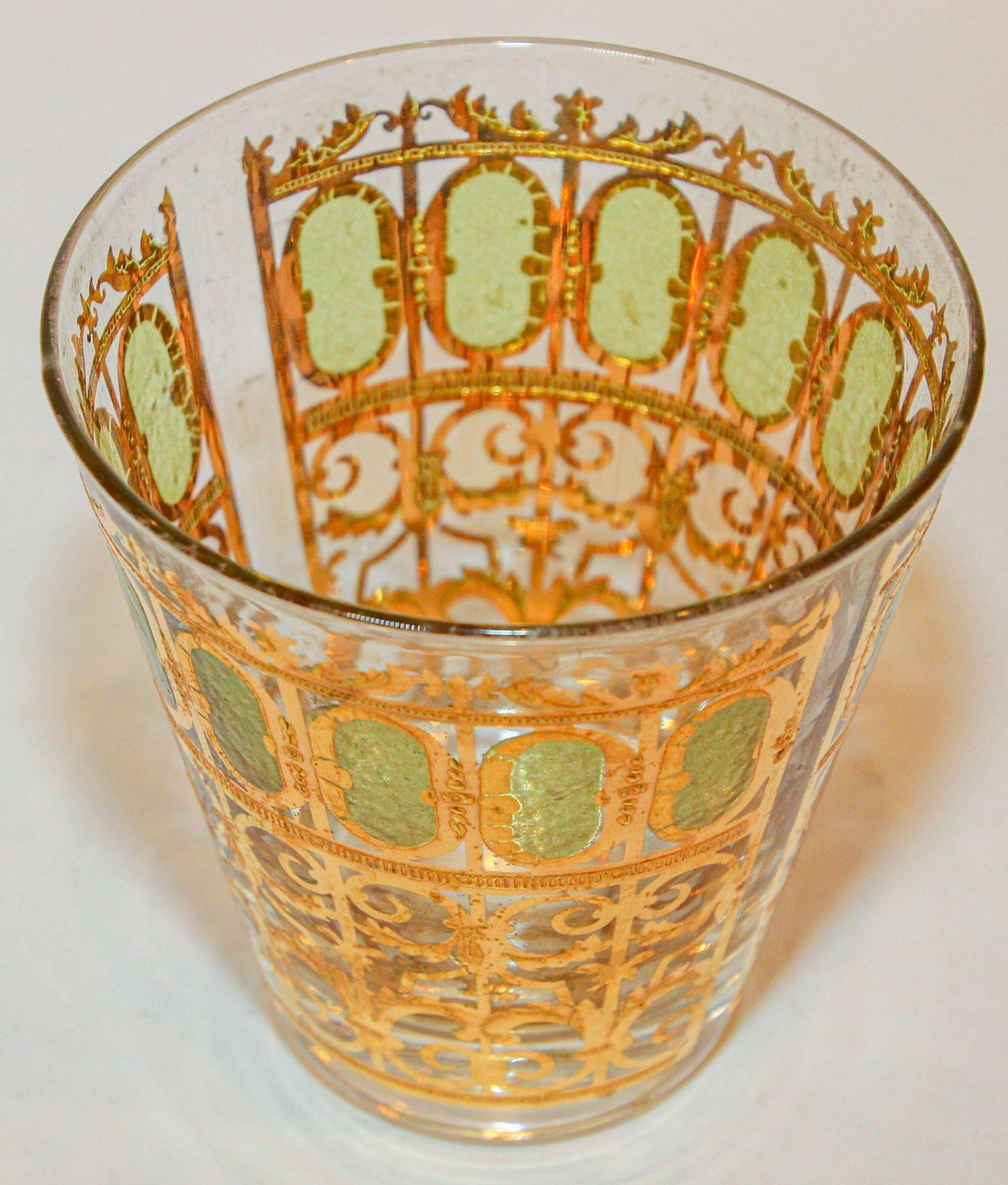 Art Glass 1950s Culver Ltd Valencia Pattern Barware with Green and 22 Karat Gold For Sale