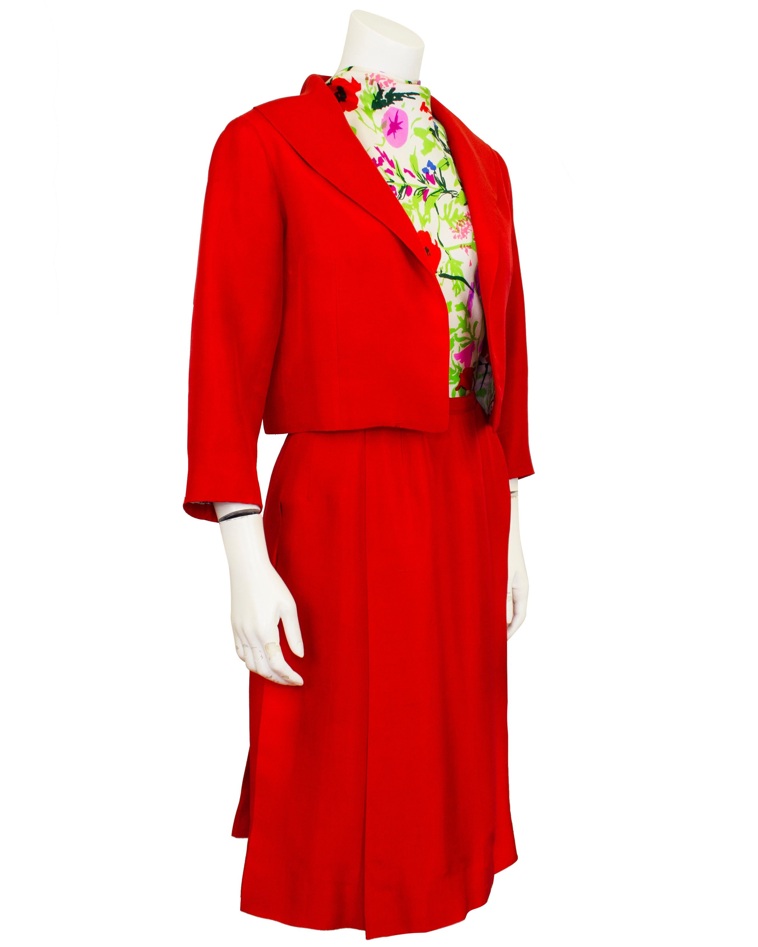 1950s Curiel Red and Floral Jacket and Dress Ensemble In Good Condition For Sale In Toronto, Ontario