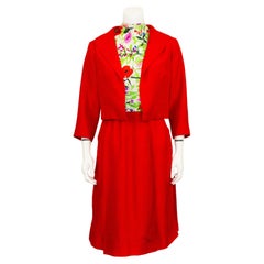 1950s Curiel Red and Floral Jacket and Dress Ensemble