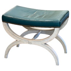 1950s Curule Stool With Teal Leather Seat