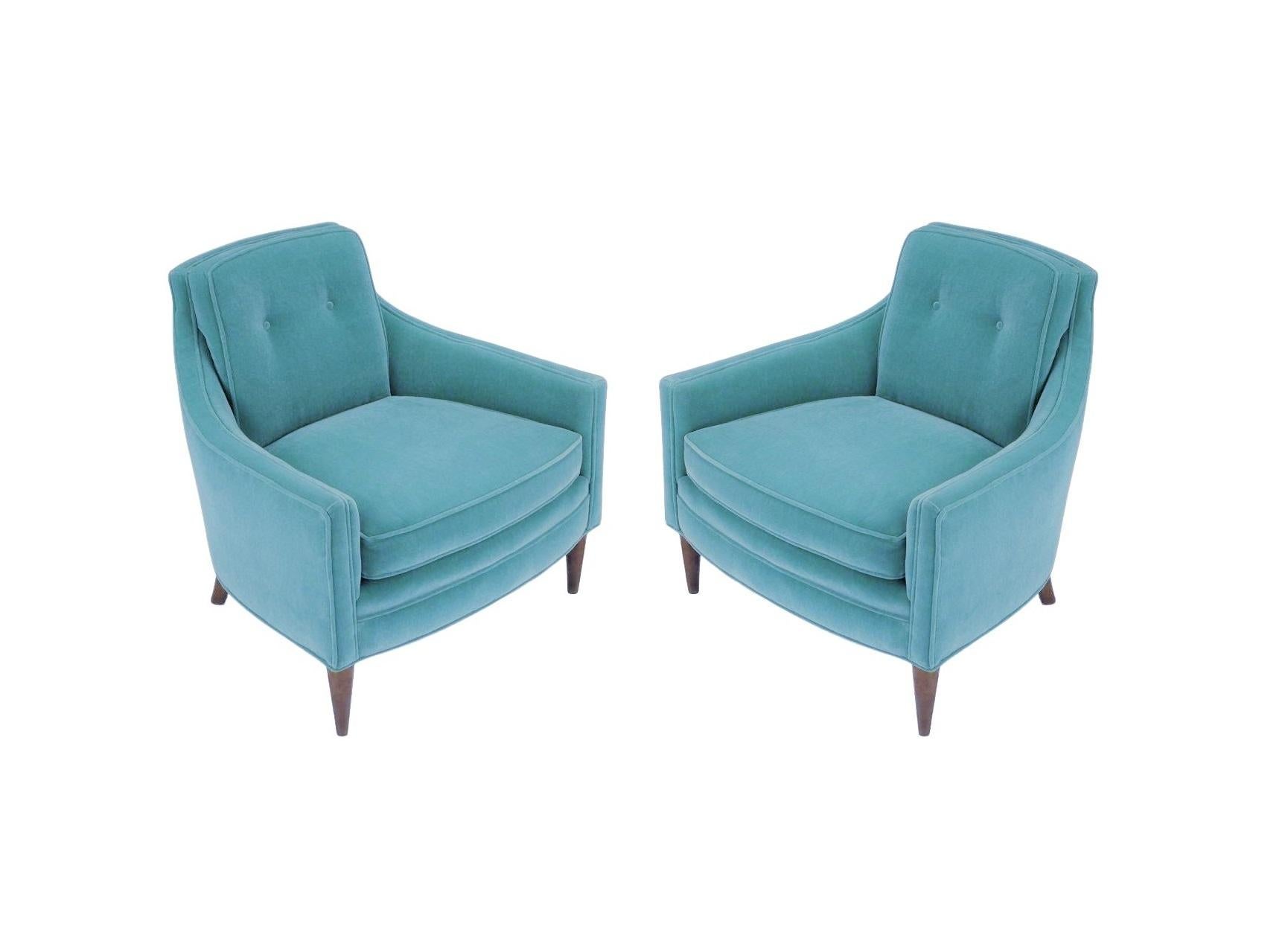 Mid-Century Modern 1950s Curved Back Club Chairs Freshly Reupholstered in Blue Mohair For Sale
