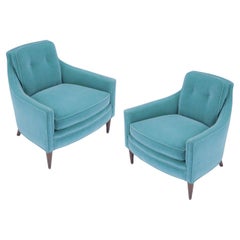 Clubstühle mit gebogener Rückenlehne aus den 1950er Jahren, frisch gepolstert mit blauem Mohair