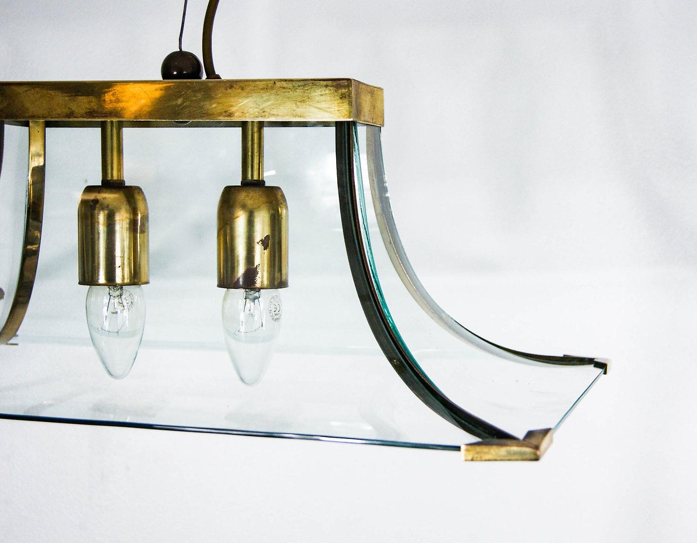 1950s Curved Glass & Brass Counterbalance Suspension Chandelier Esperia Attr. For Sale 3
