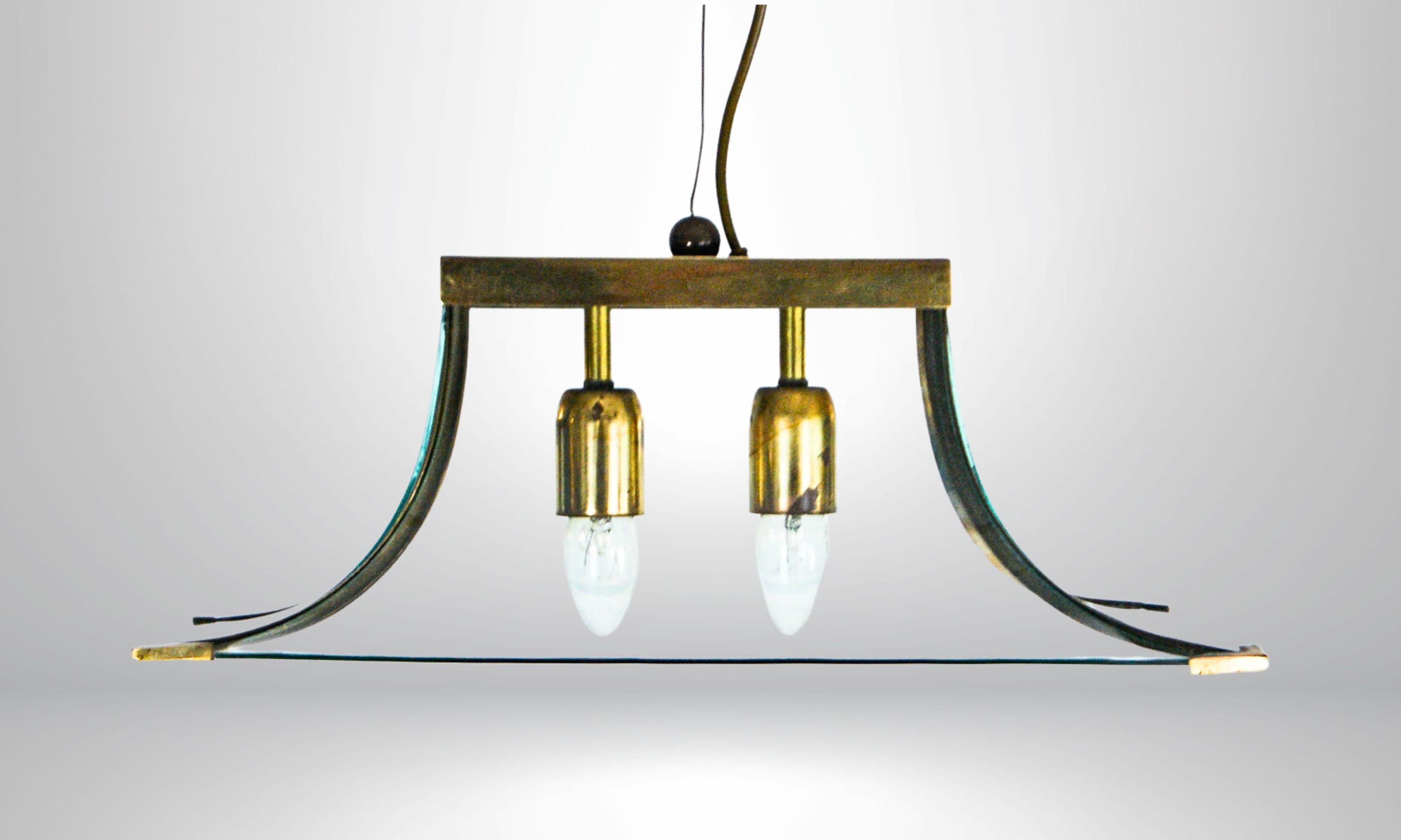 Other 1950s Curved Glass & Brass Counterbalance Suspension Chandelier Esperia Attr. For Sale