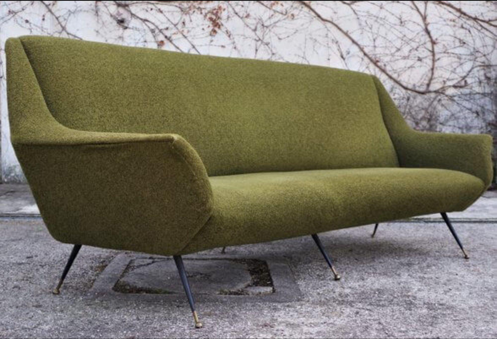 sofá curvo de algodón y lana verde de los años 50 por Gigi Radice para Minotti - Mediados de siglo Italian en venta