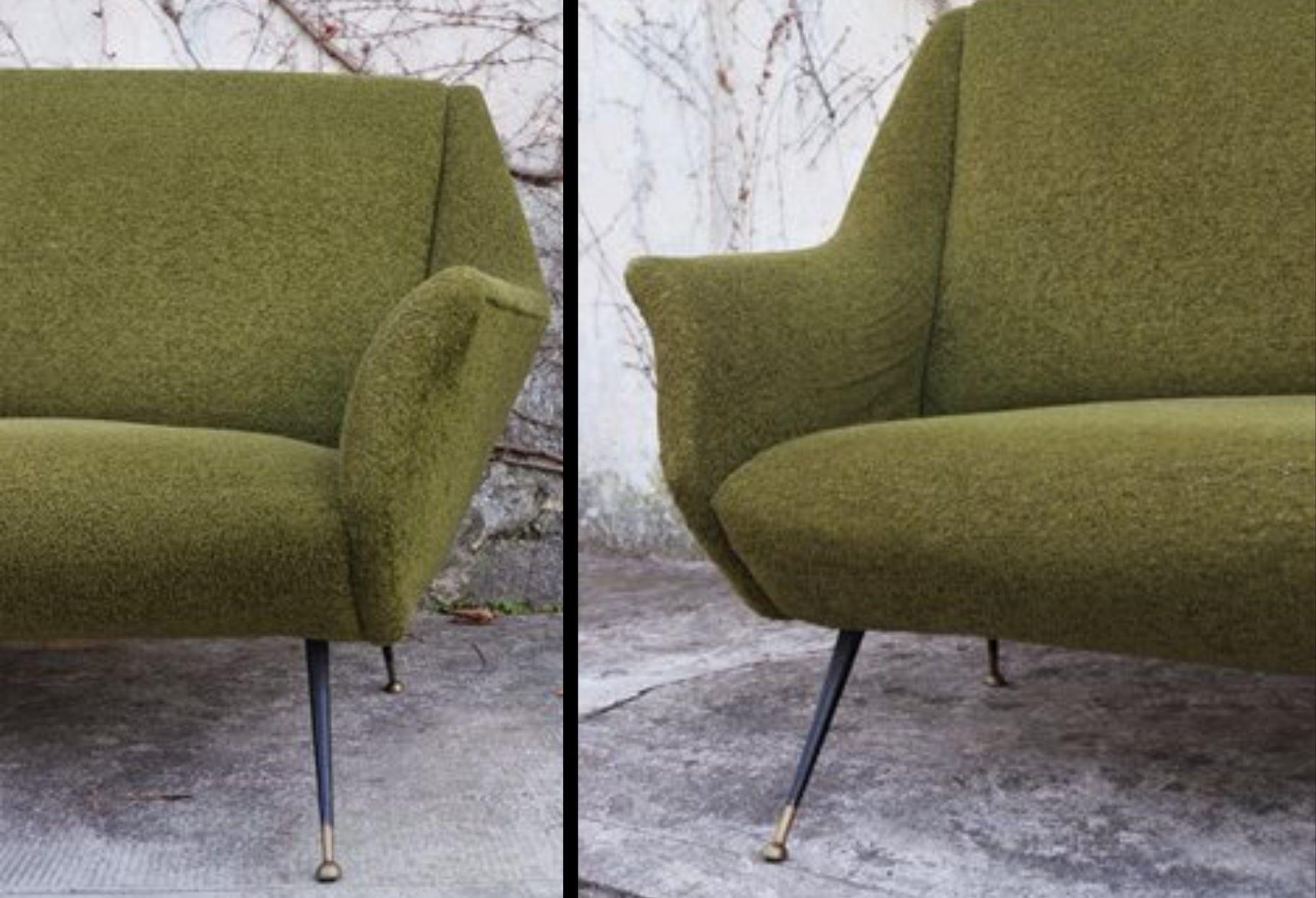 sofá curvo de algodón y lana verde de los años 50 por Gigi Radice para Minotti - Mediados de siglo en Bueno estado para la venta en Manzano, IT