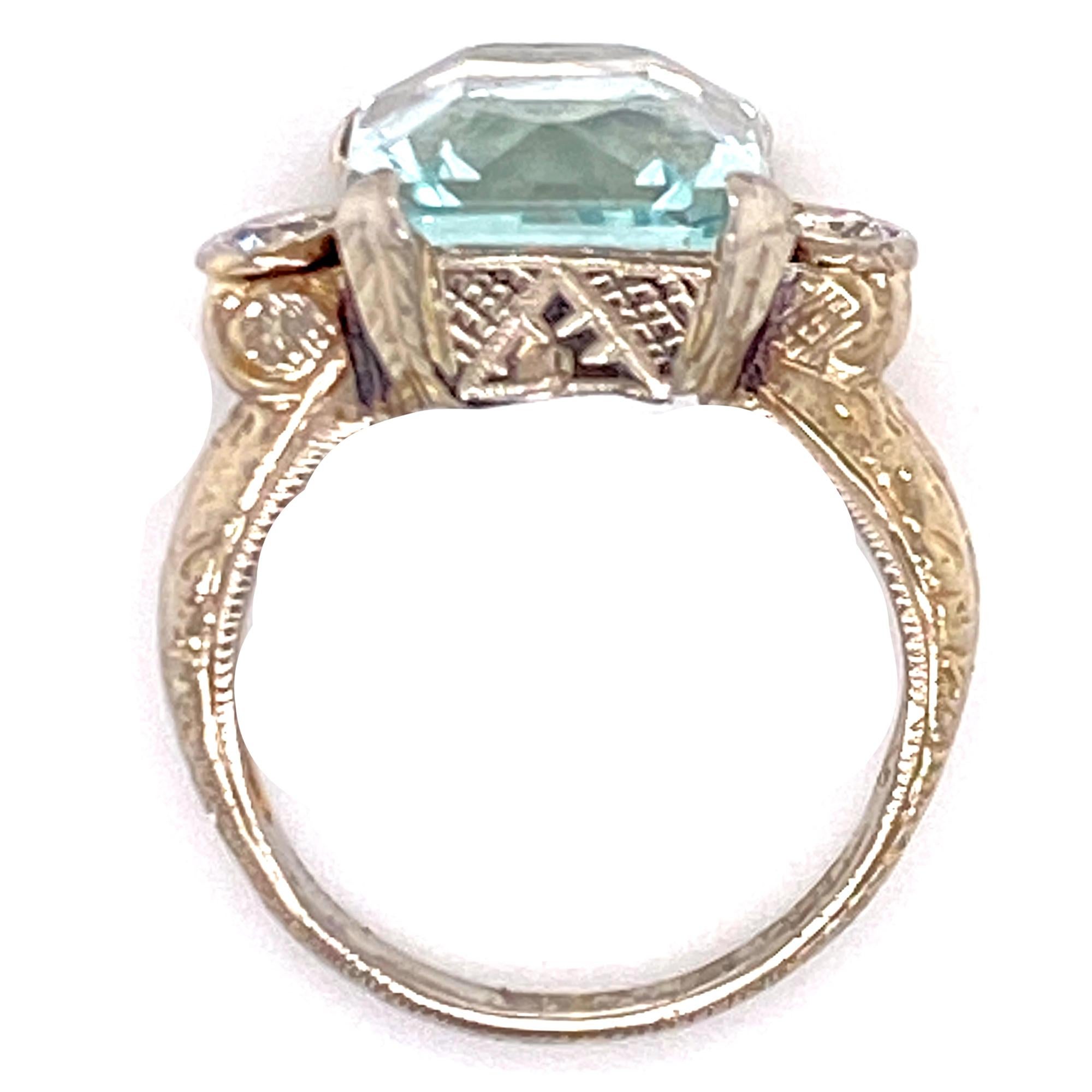 Art Deco 1950s Cushion Cut Aquamarine Diamond 18 Karat White Gold Ring