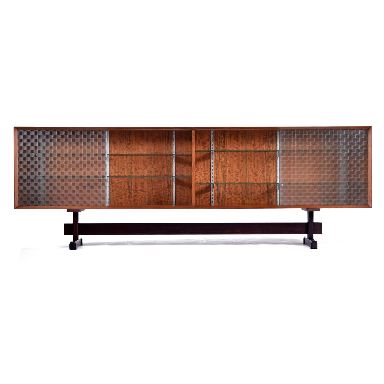 American 1950's Custom Made Mid-Century Modern Glass Door Mahogany Rosewood Credenza For Sale