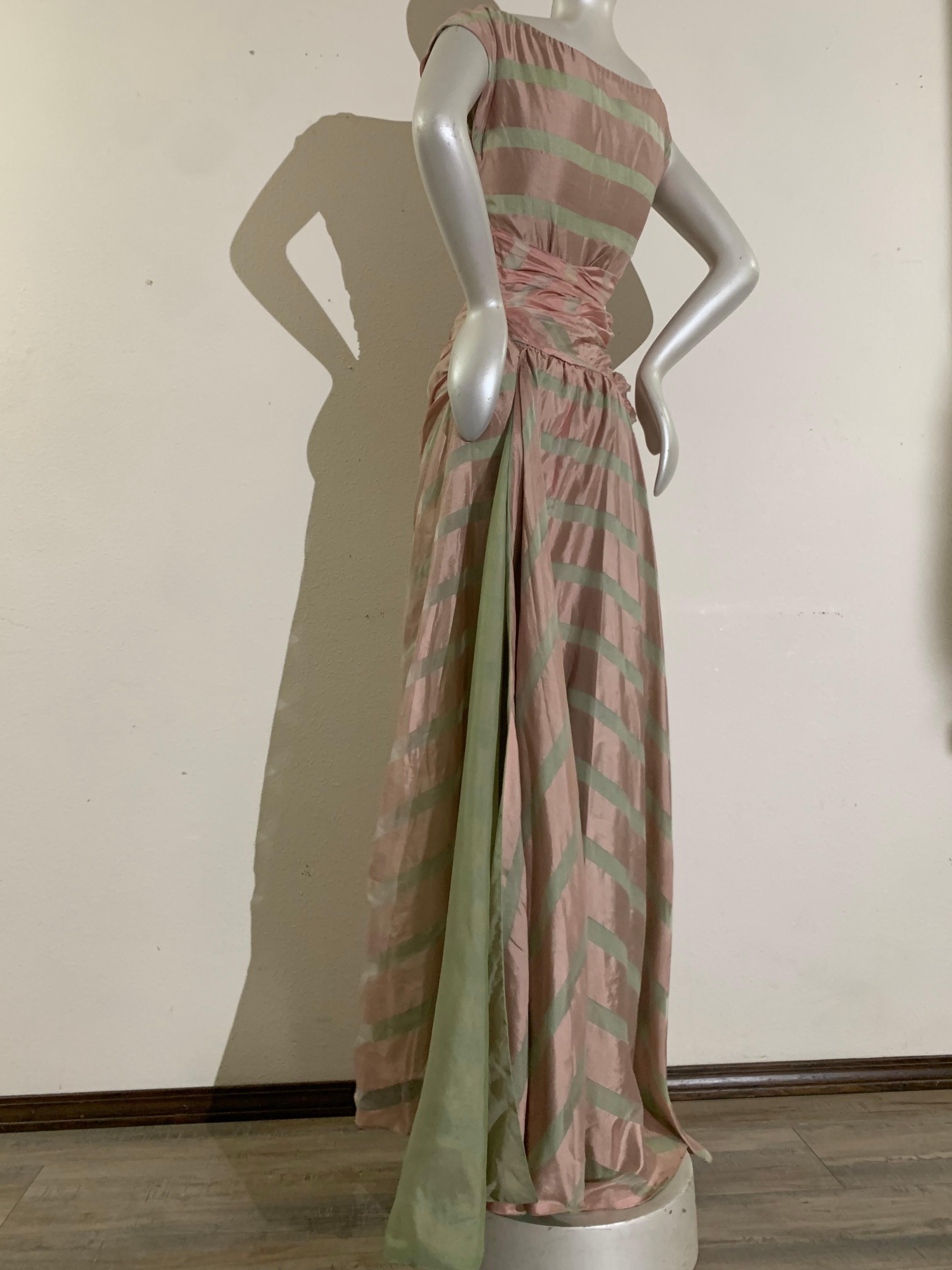 1950s Custom-Made Pink & Celadon Silk Organza Evening Gown w Bias Gather & Train 5