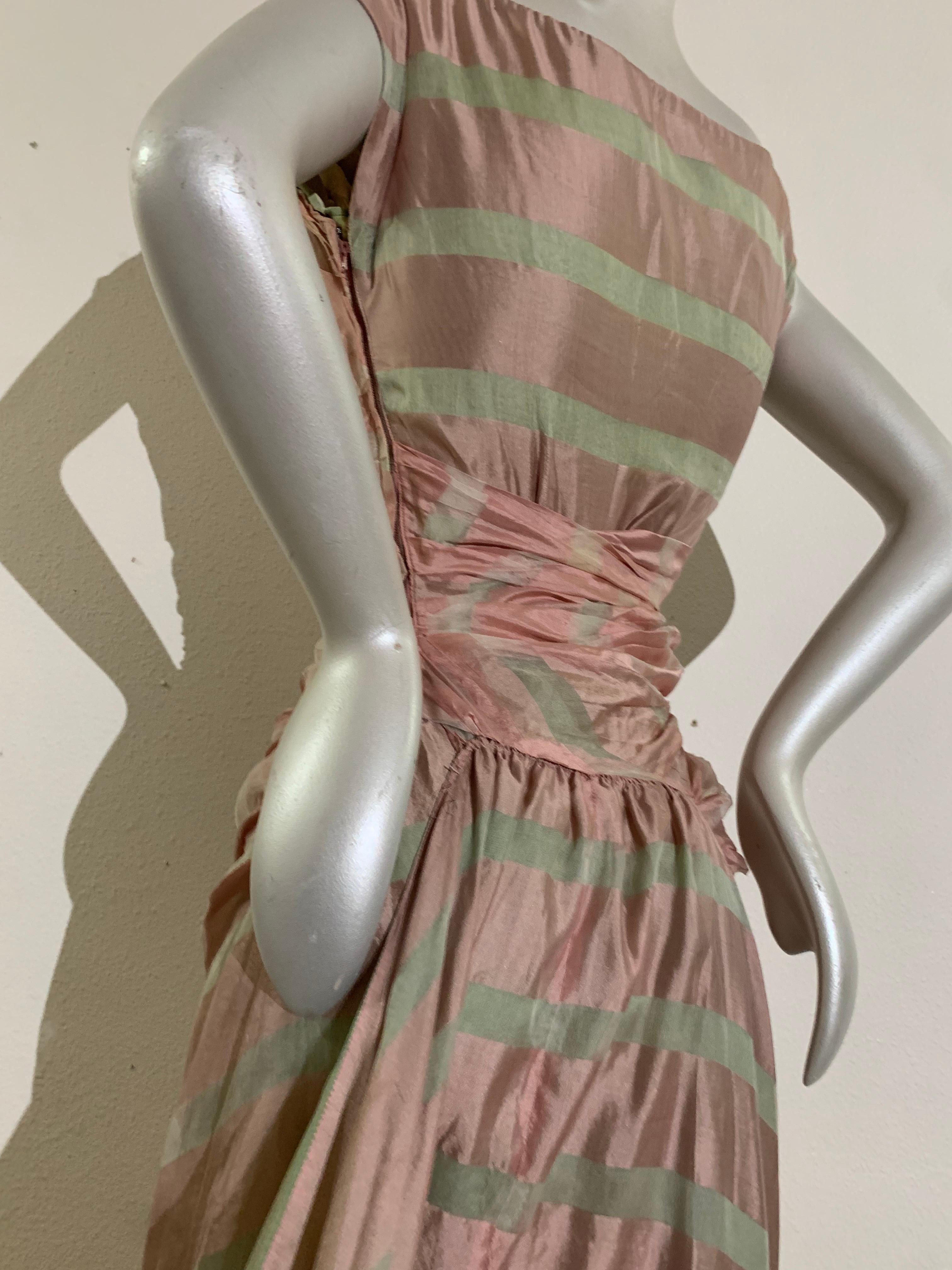 1950s Custom-Made Pink & Celadon Silk Organza Evening Gown w Bias Gather & Train 6