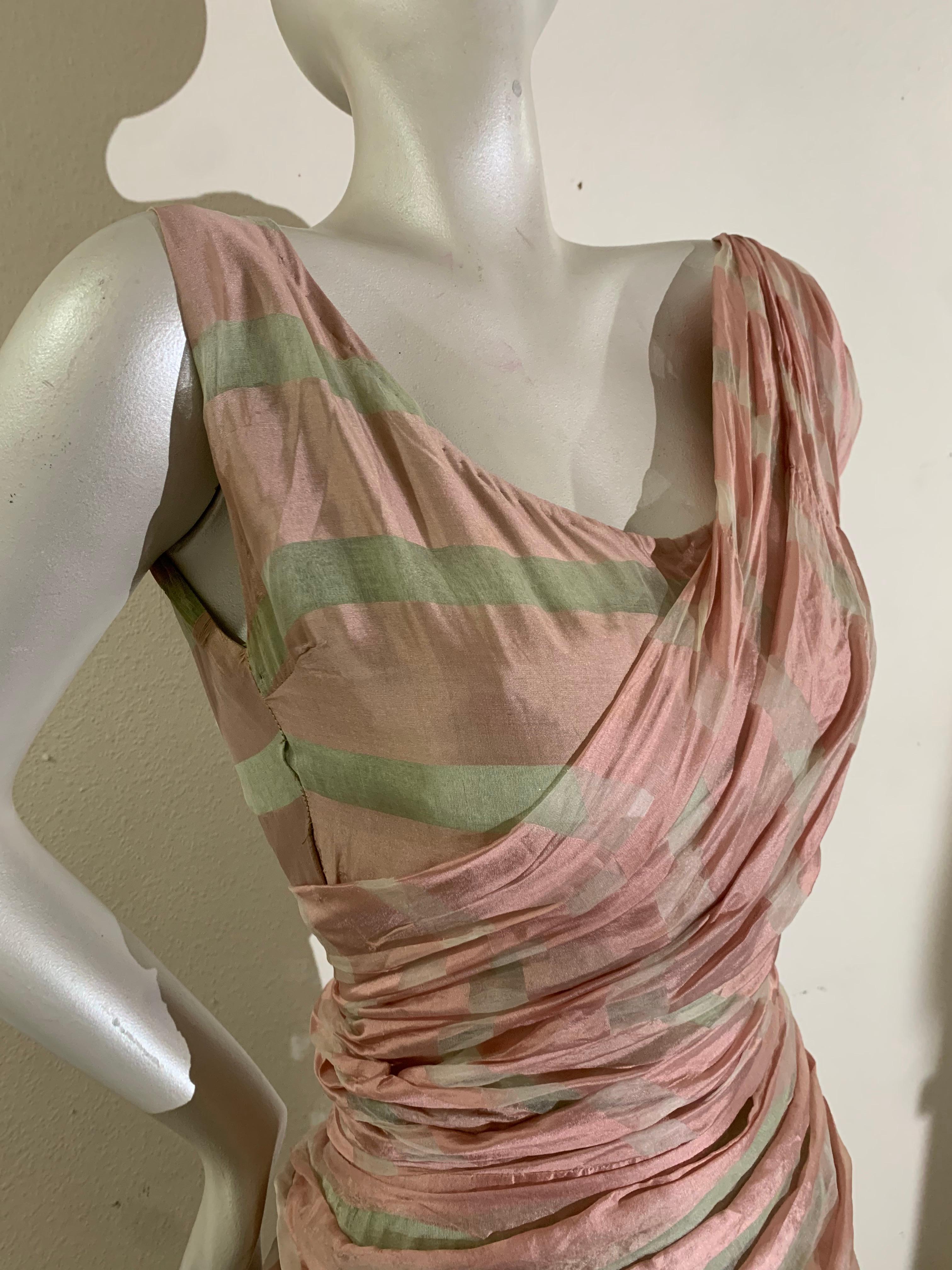 1950s Custom-Made Pink & Celadon Silk Organza Evening Gown w Bias Gather & Train 8