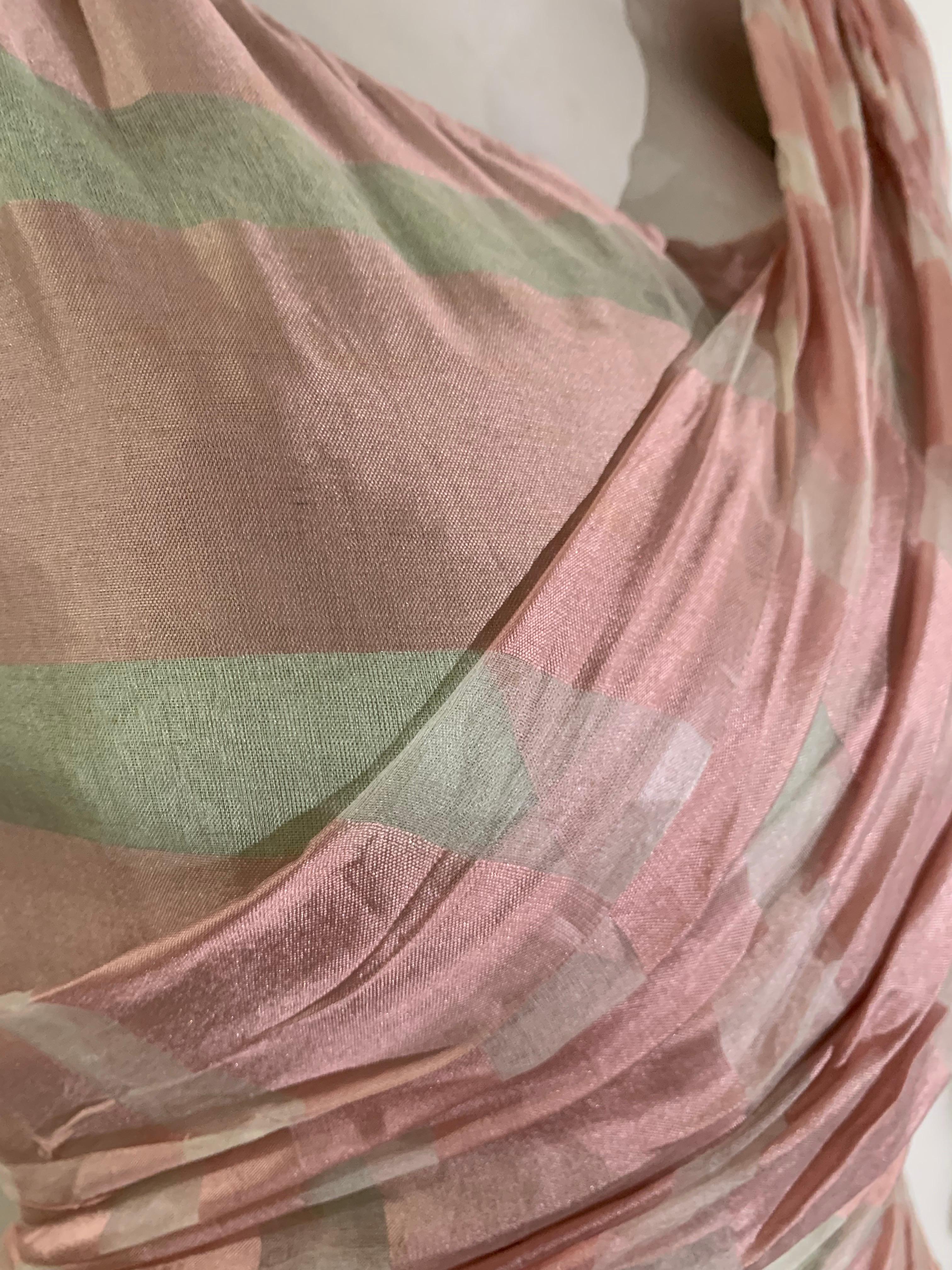 1950s Custom-Made Pink & Celadon Silk Organza Evening Gown w Bias Gather & Train 9