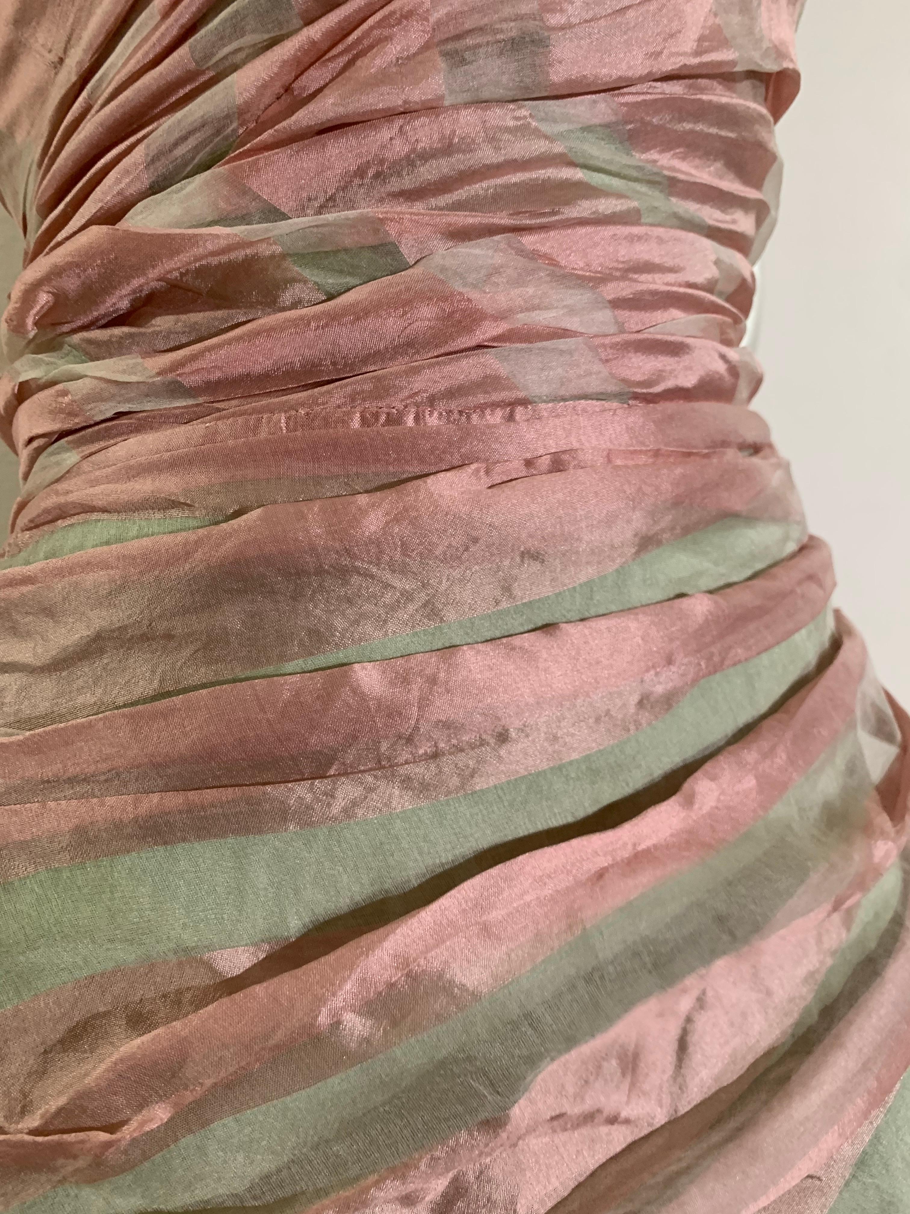 1950s Custom-Made Pink & Celadon Silk Organza Evening Gown w Bias Gather & Train 10