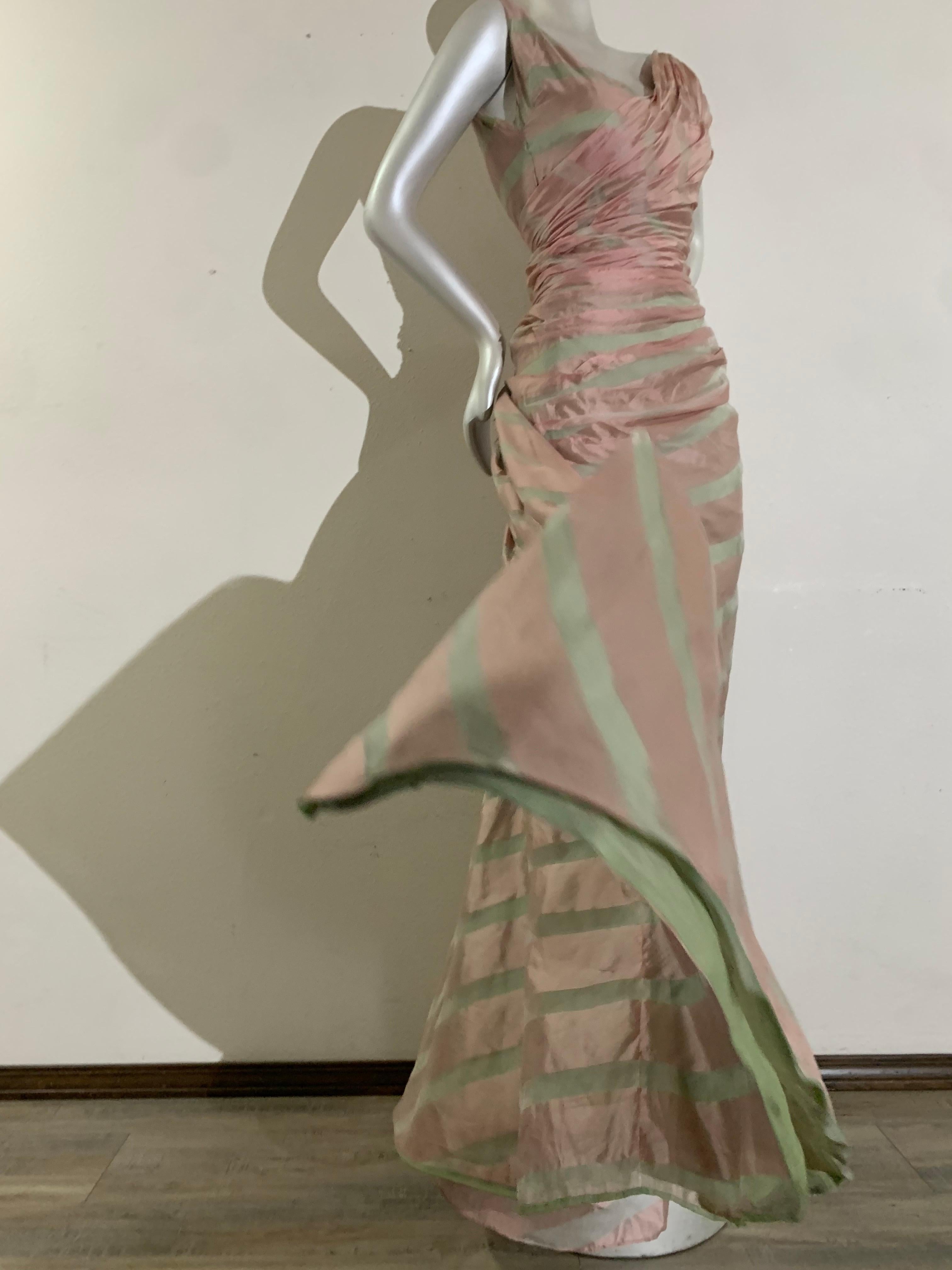 1950s Custom-Made Pink & Celadon Silk Organza Evening Gown w Bias Gather & Train 11