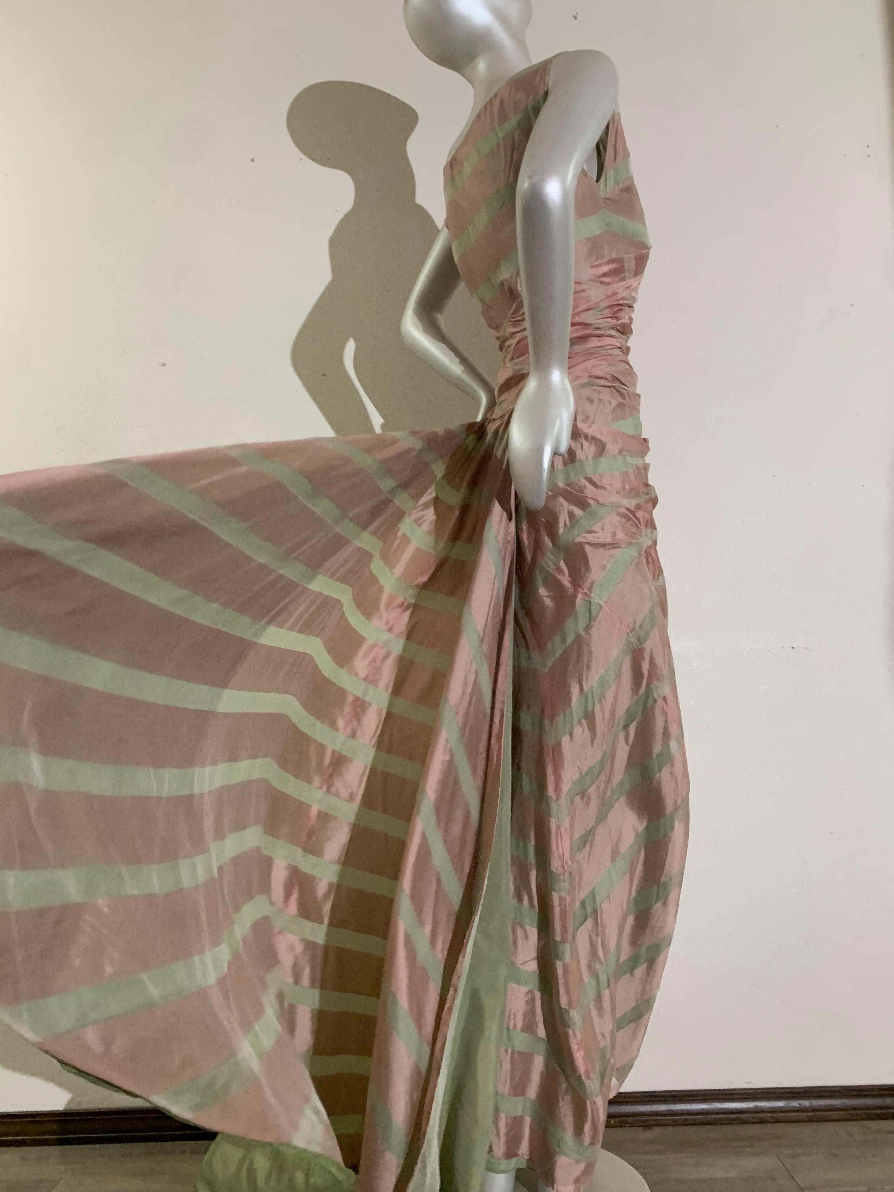 1950s Custom-Made Pink & Celadon Silk Organza Evening Gown w Bias Gather & Train 12