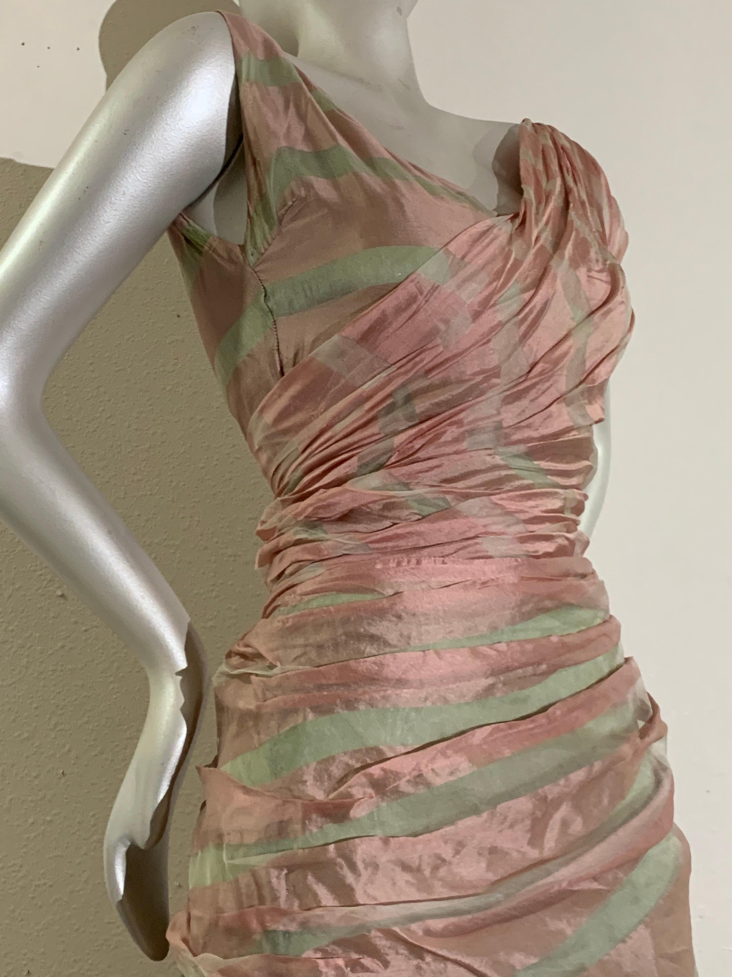1950s Custom-Made Pink & Celadon Silk Organza Evening Gown w Bias Gather & Train In Excellent Condition In Gresham, OR