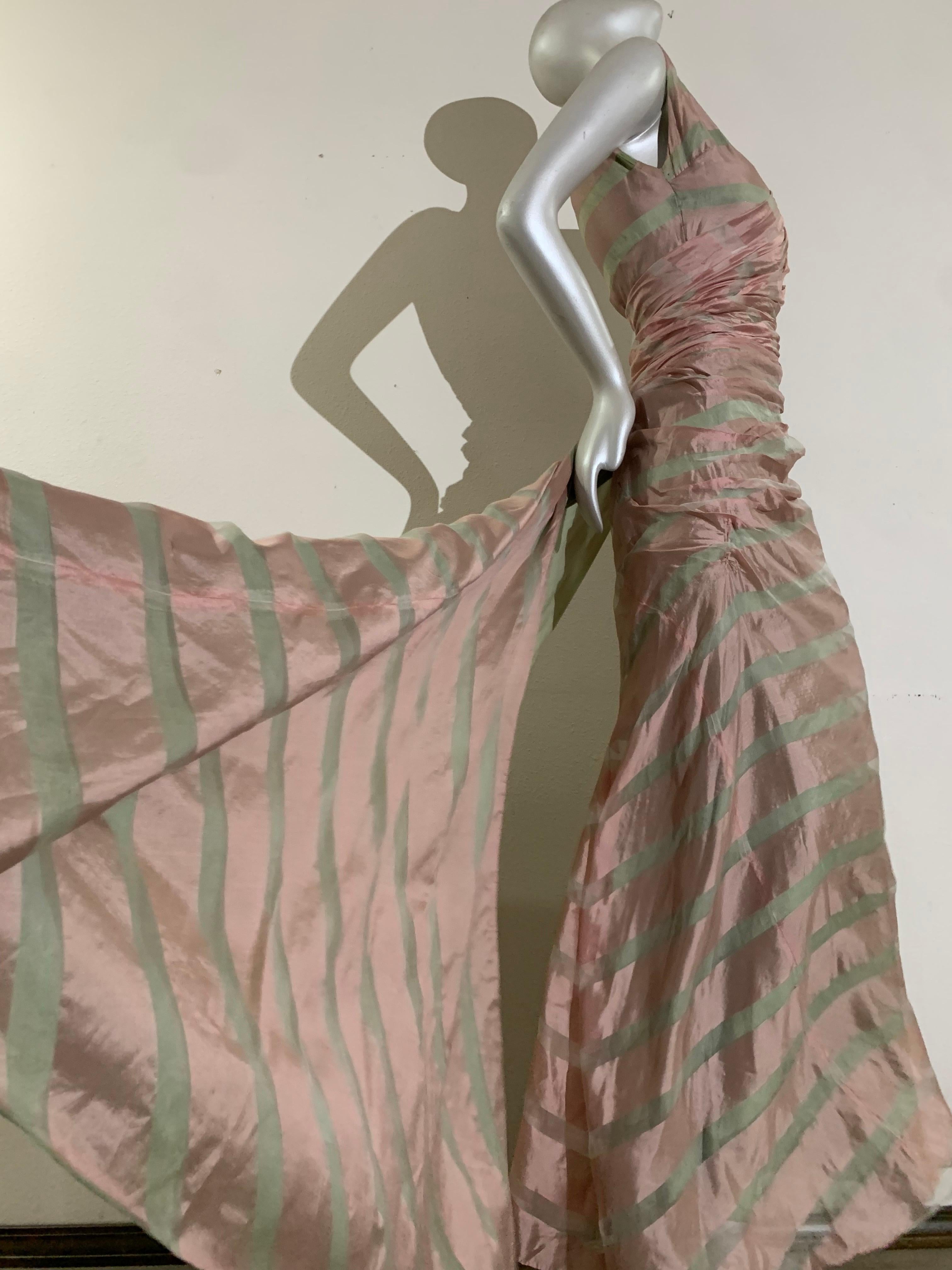 Women's 1950s Custom-Made Pink & Celadon Silk Organza Evening Gown w Bias Gather & Train