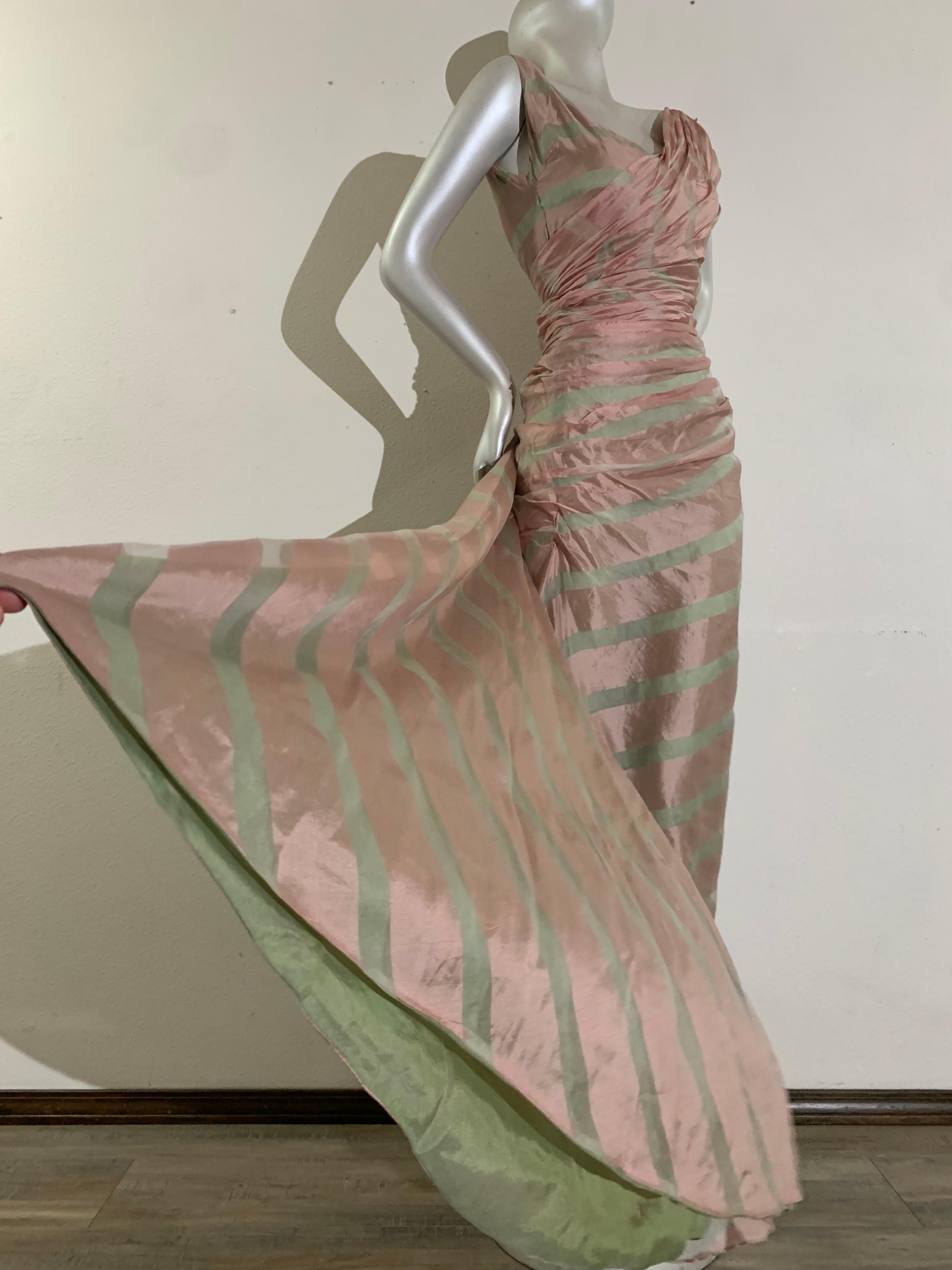 1950s Custom-Made Pink & Celadon Silk Organza Evening Gown w Bias Gather & Train 1