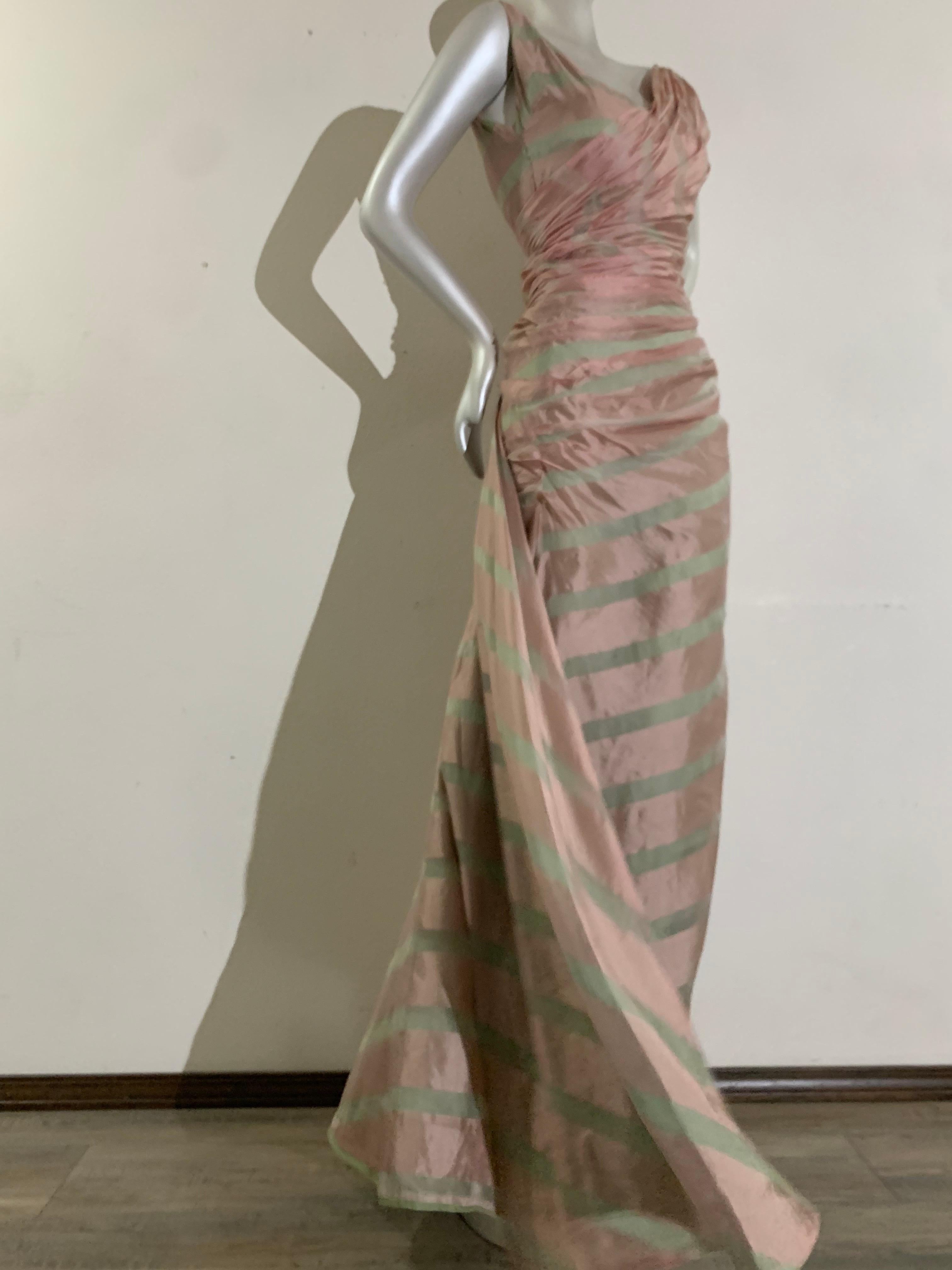 1950s Custom-Made Pink & Celadon Silk Organza Evening Gown w Bias Gather & Train 2