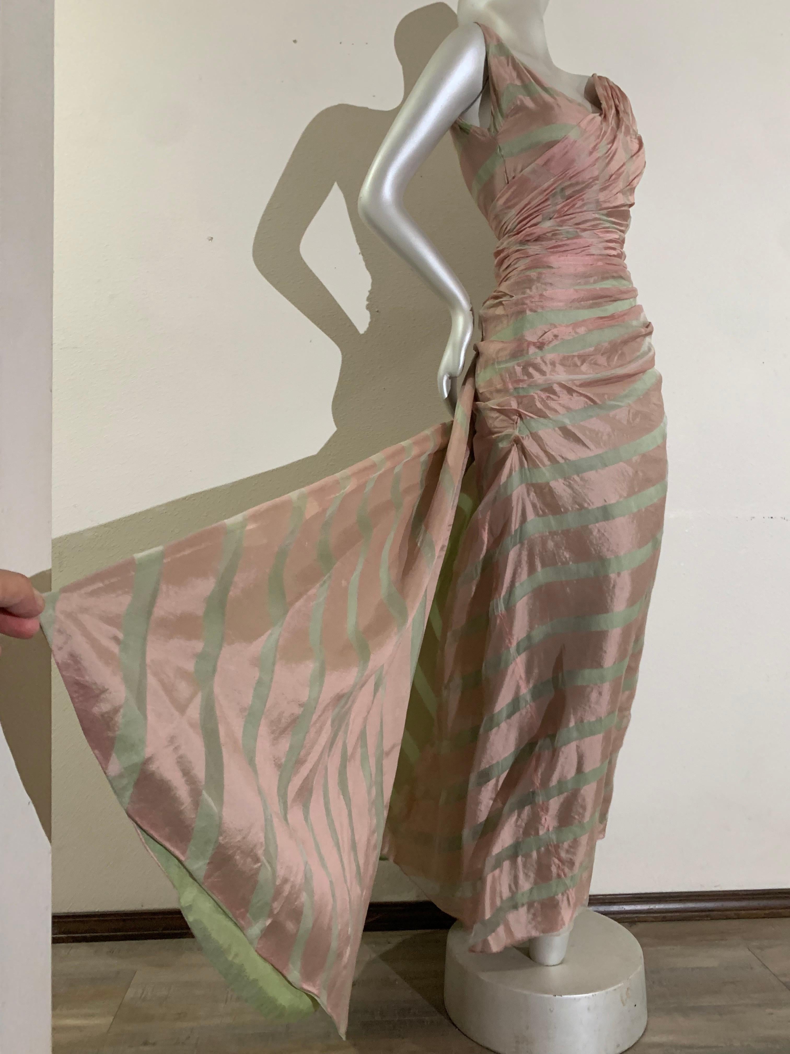 1950s Custom-Made Pink & Celadon Silk Organza Evening Gown w Bias Gather & Train 3