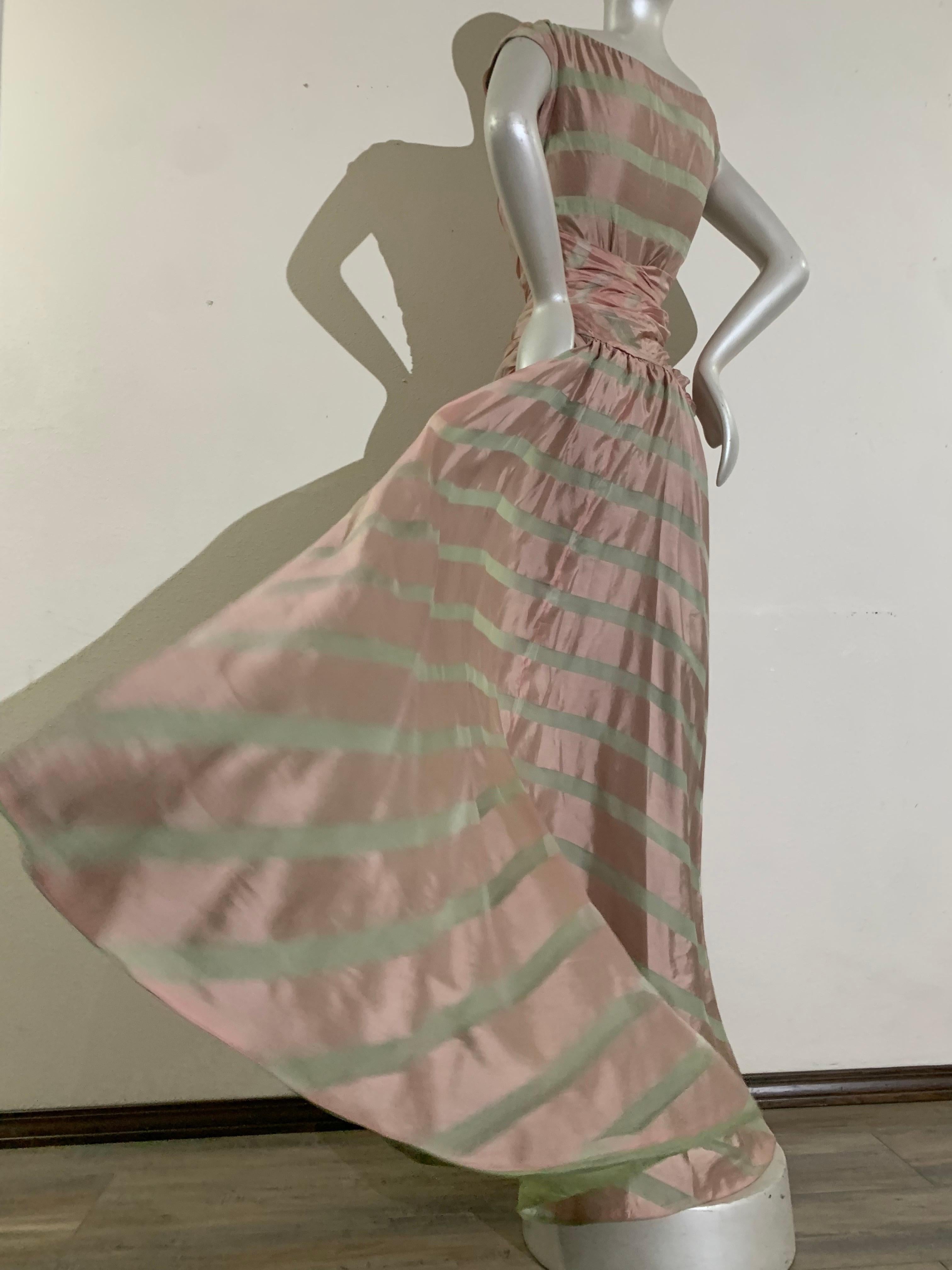 1950s Custom-Made Pink & Celadon Silk Organza Evening Gown w Bias Gather & Train 4