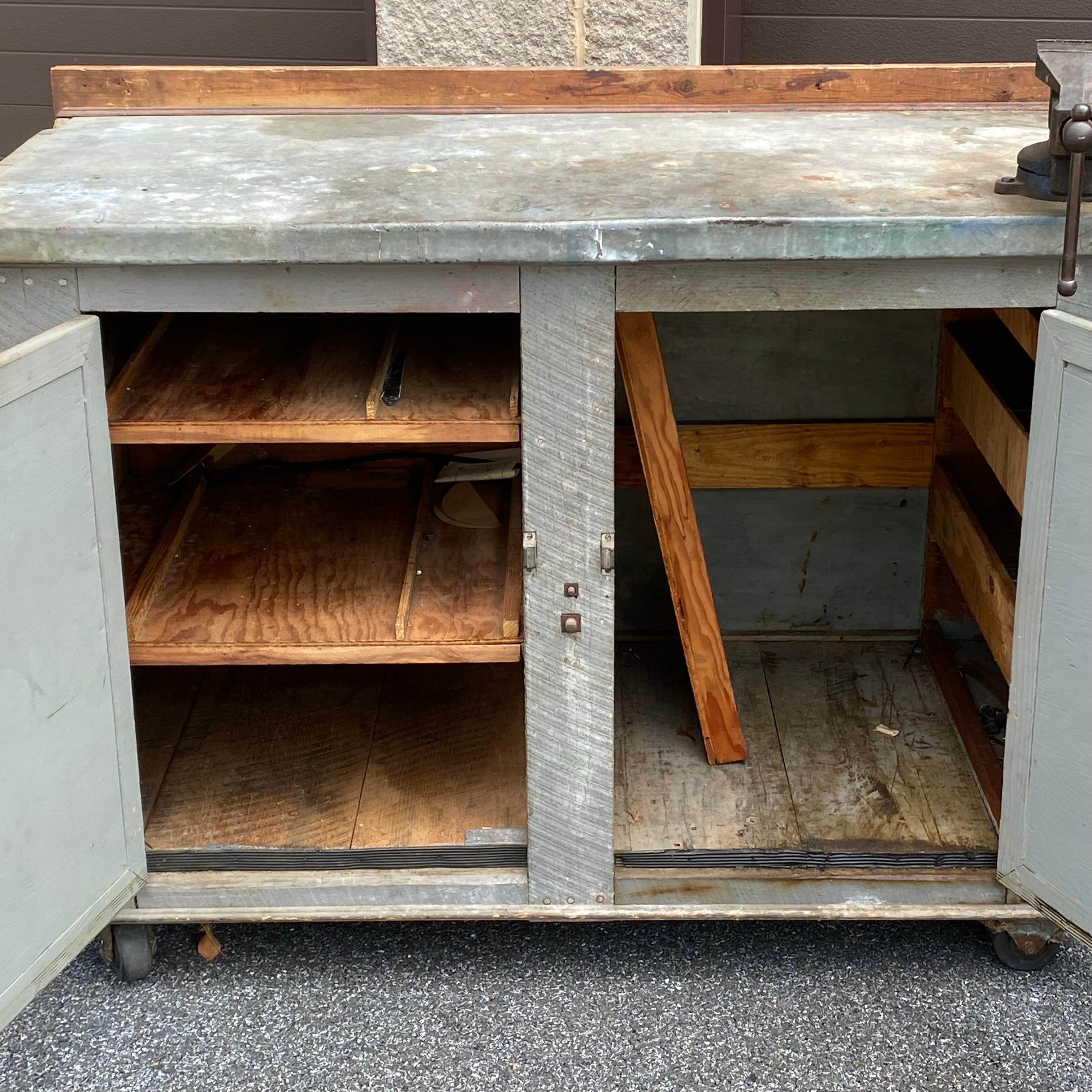 1950's Custom Made Rustic Industrial Workbench on Casters For Sale 2