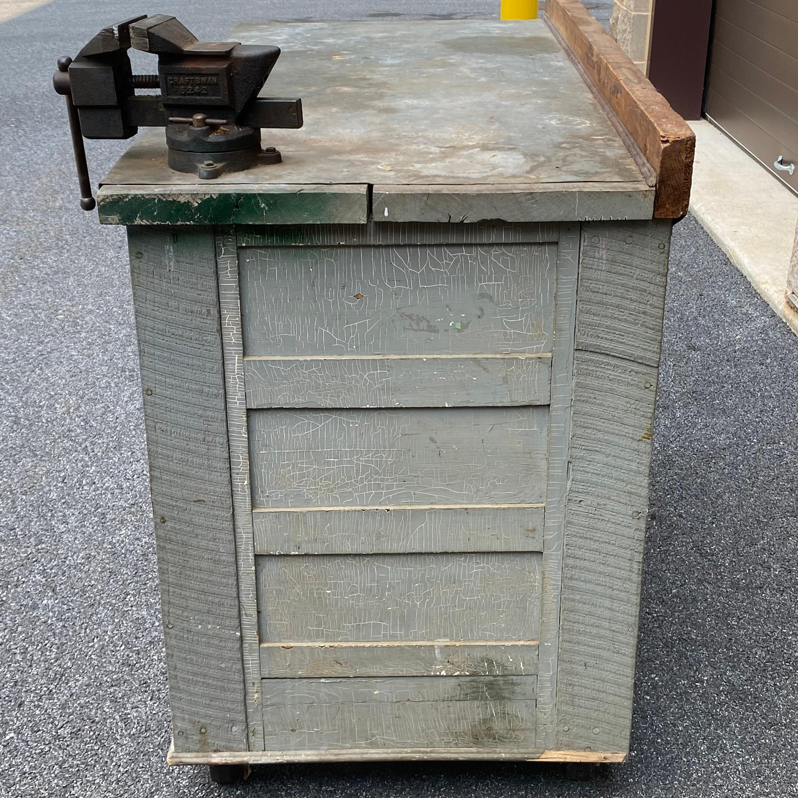 American 1950's Custom Made Rustic Industrial Workbench on Casters For Sale