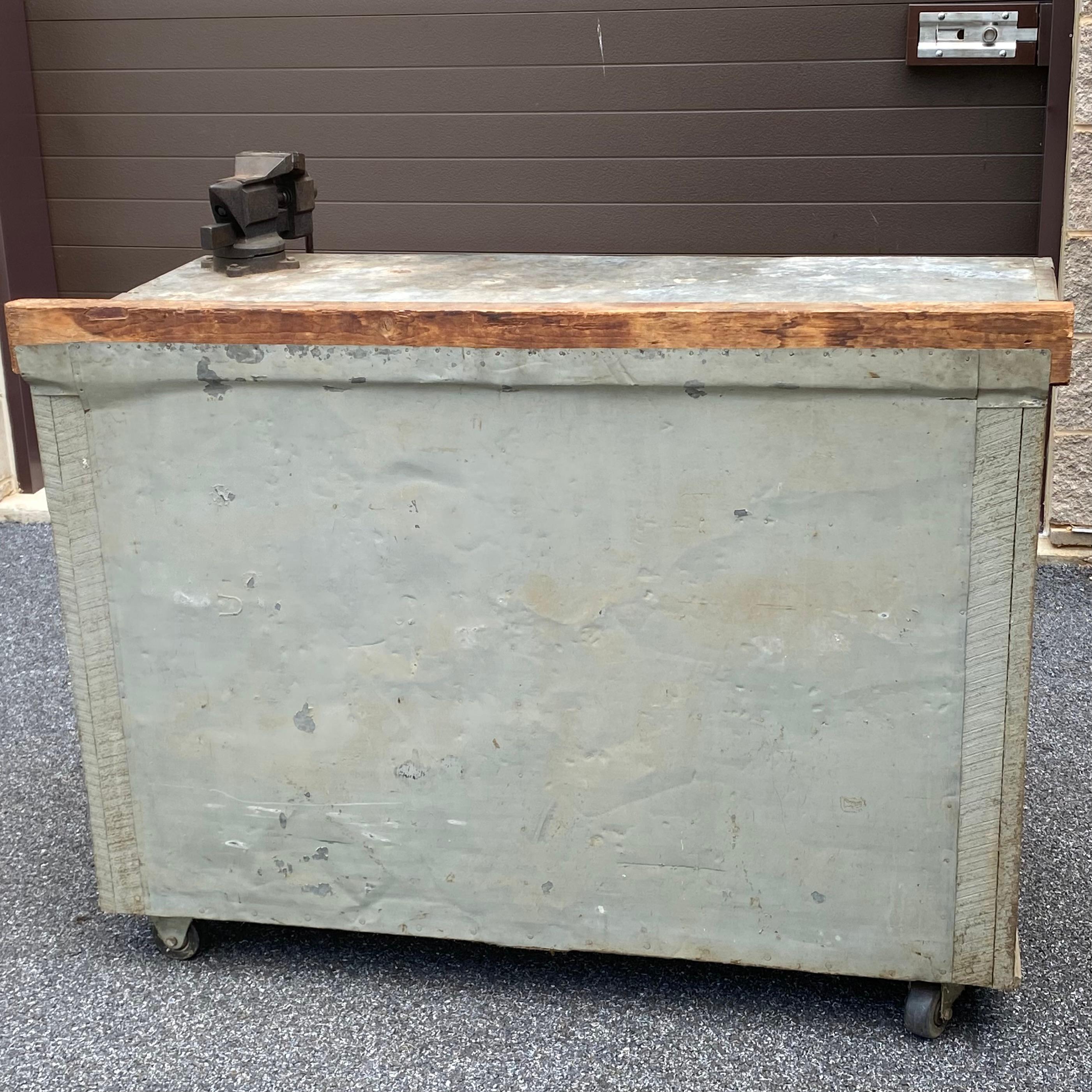 1950's Custom Made Rustic Industrial Workbench on Casters For Sale 1