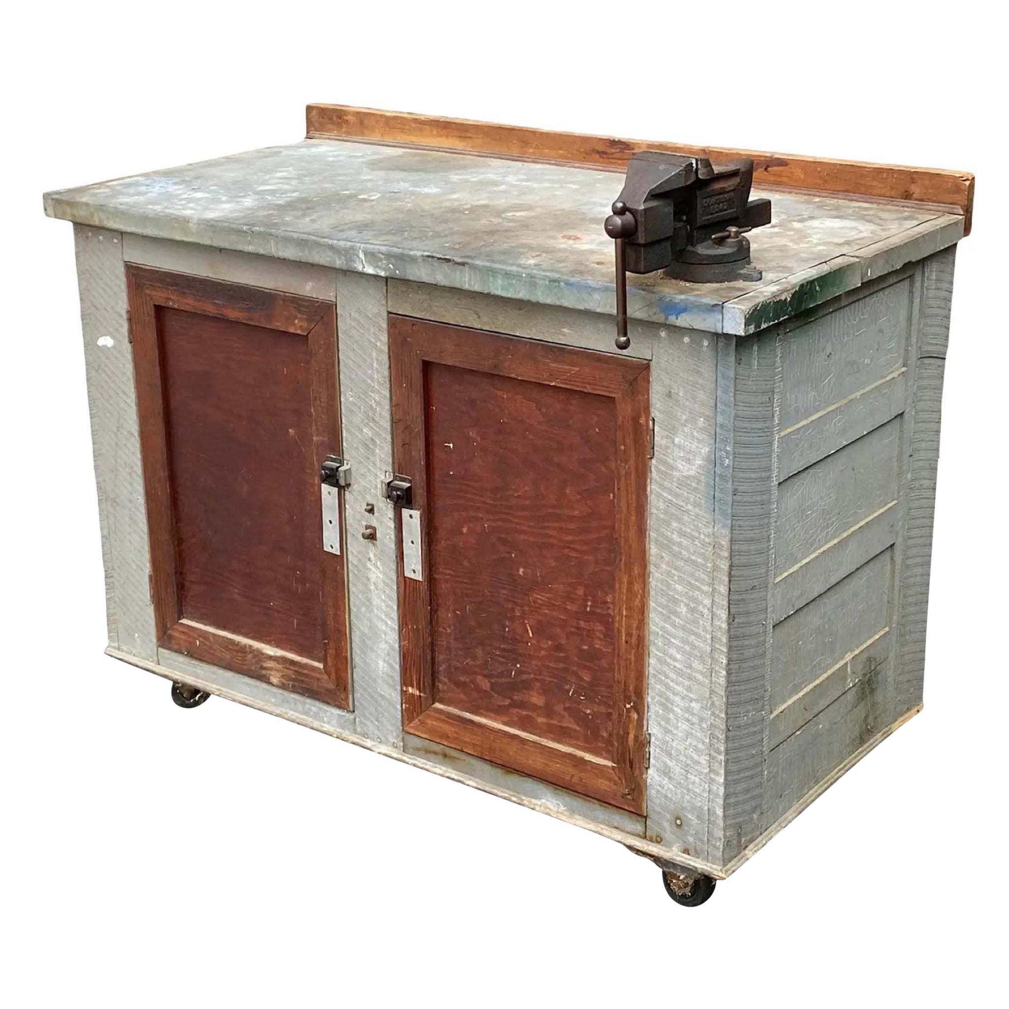 1950er CUSTOM MADE Rustikale Industrielle Werkbank auf Rädern im Angebot
