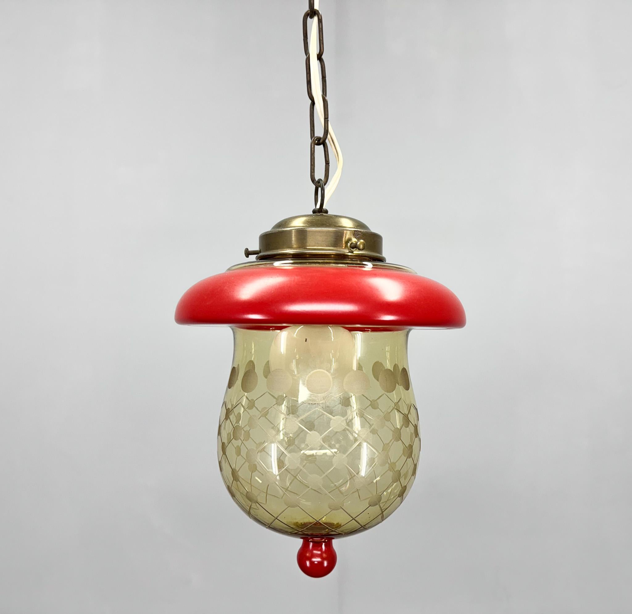 Mid-Century Modern 1950's Cut Glass & Brass Mushroom Pendant Light, Germany For Sale