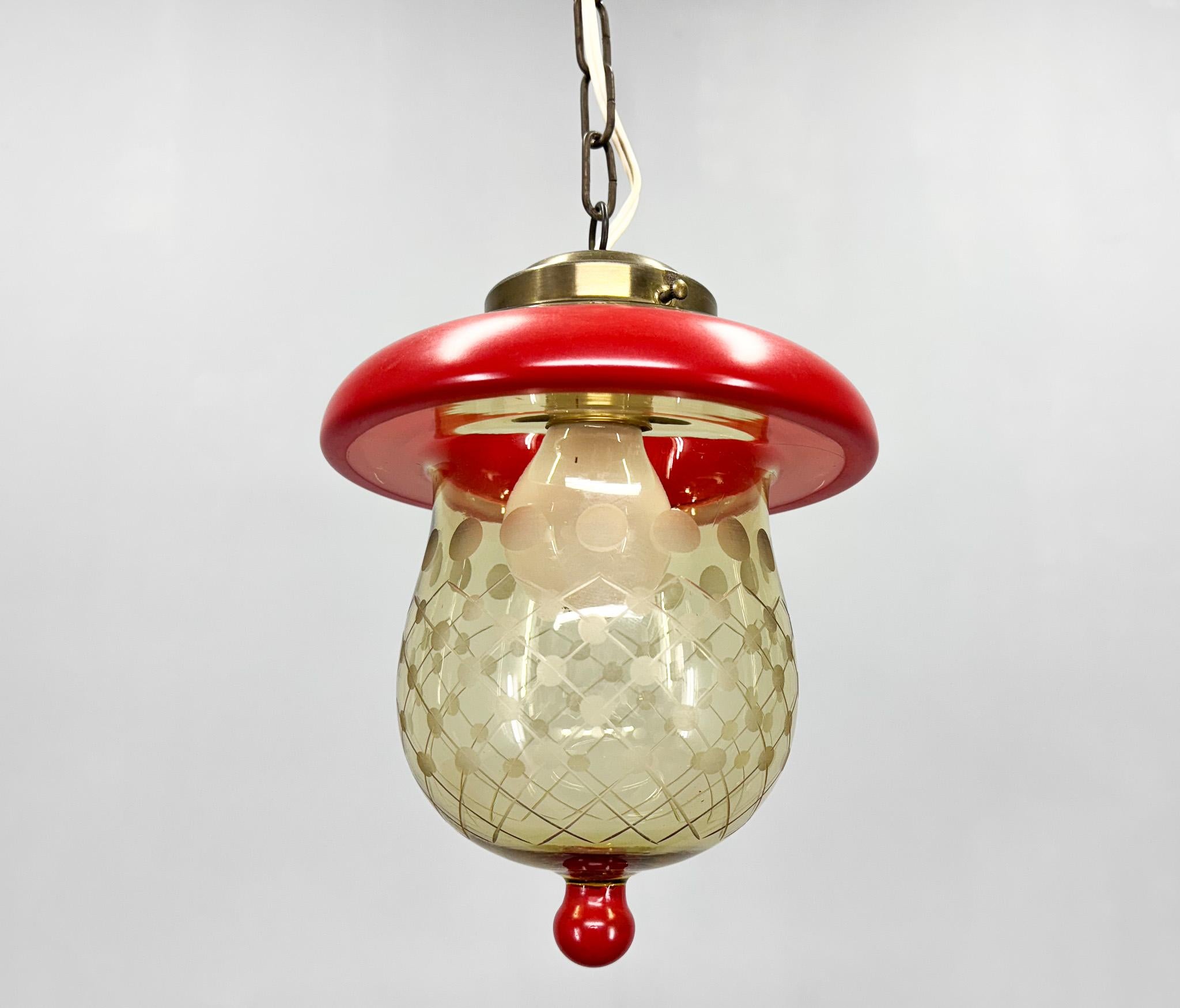 1950's Cut Glass & Brass Mushroom Pendant Light, Germany In Good Condition For Sale In Praha, CZ