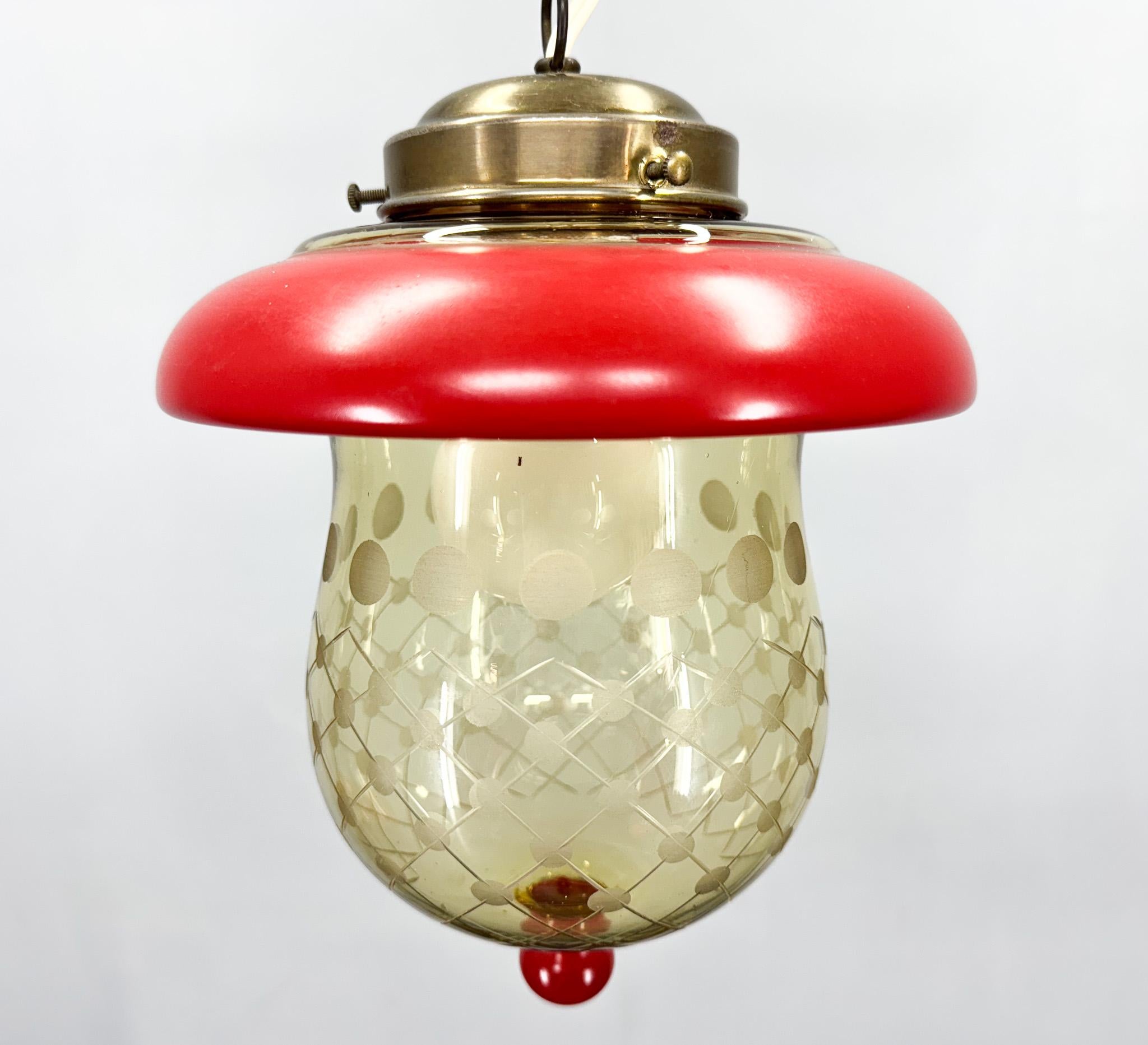 1950's Cut Glass & Brass Mushroom Pendant Light, Germany For Sale 2