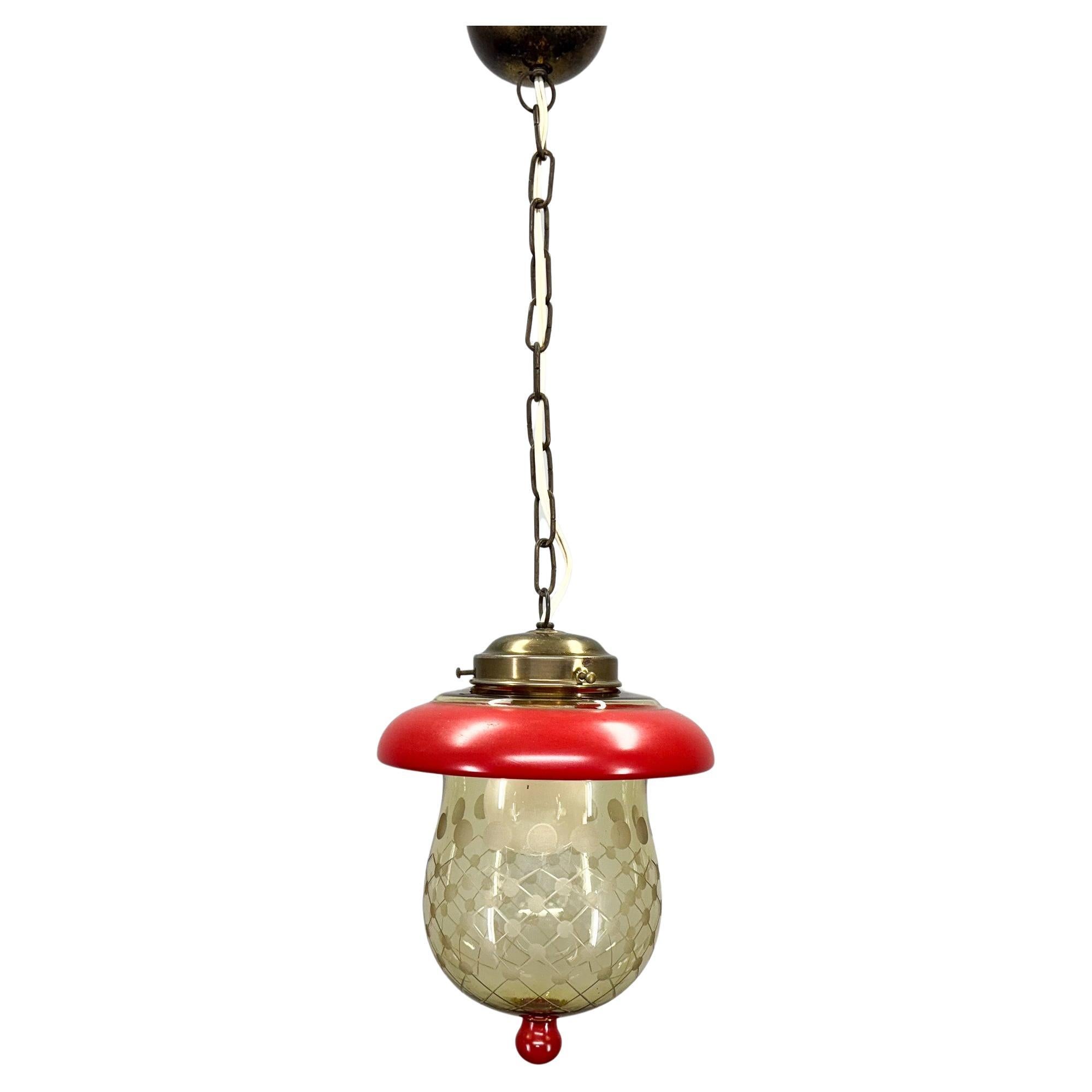 1950's Cut Glass & Brass Mushroom Pendant Light, Germany For Sale