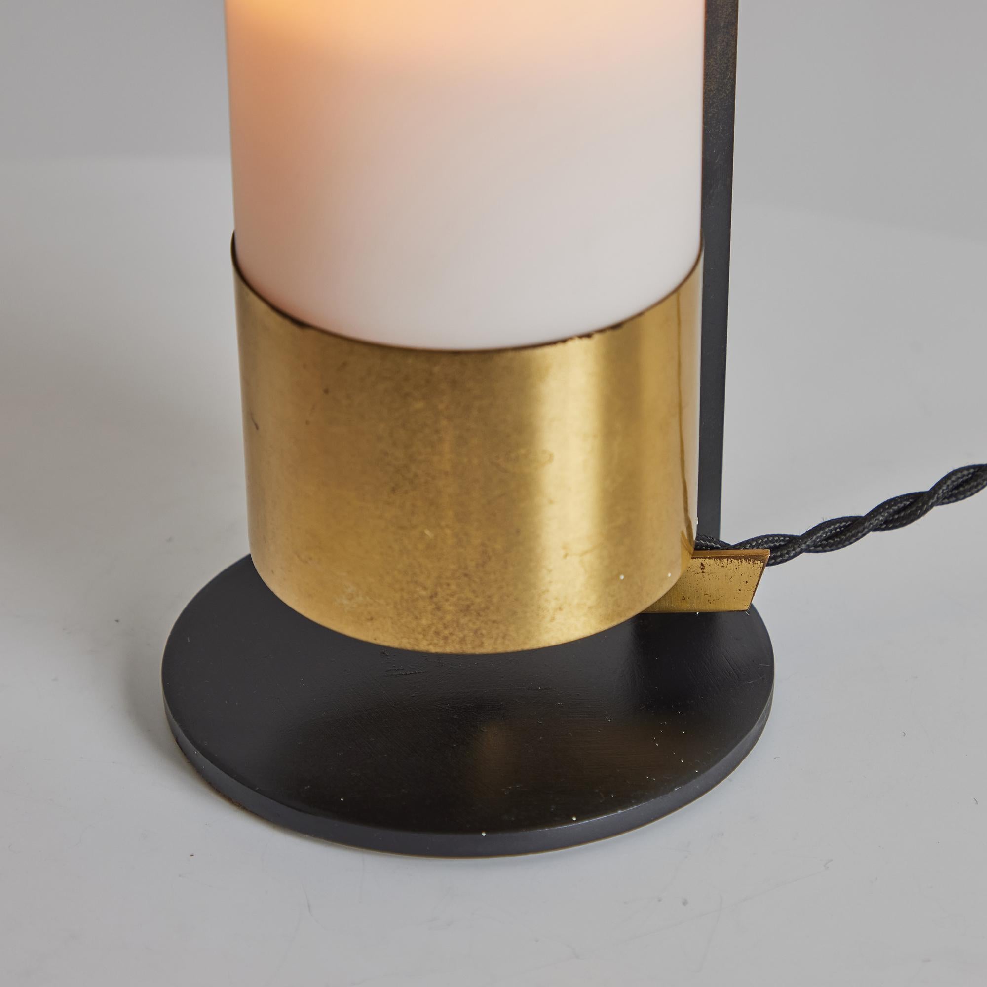 1950s Cylindrical Brass and Opaline Glass Table Lamp for Arlus For Sale 5