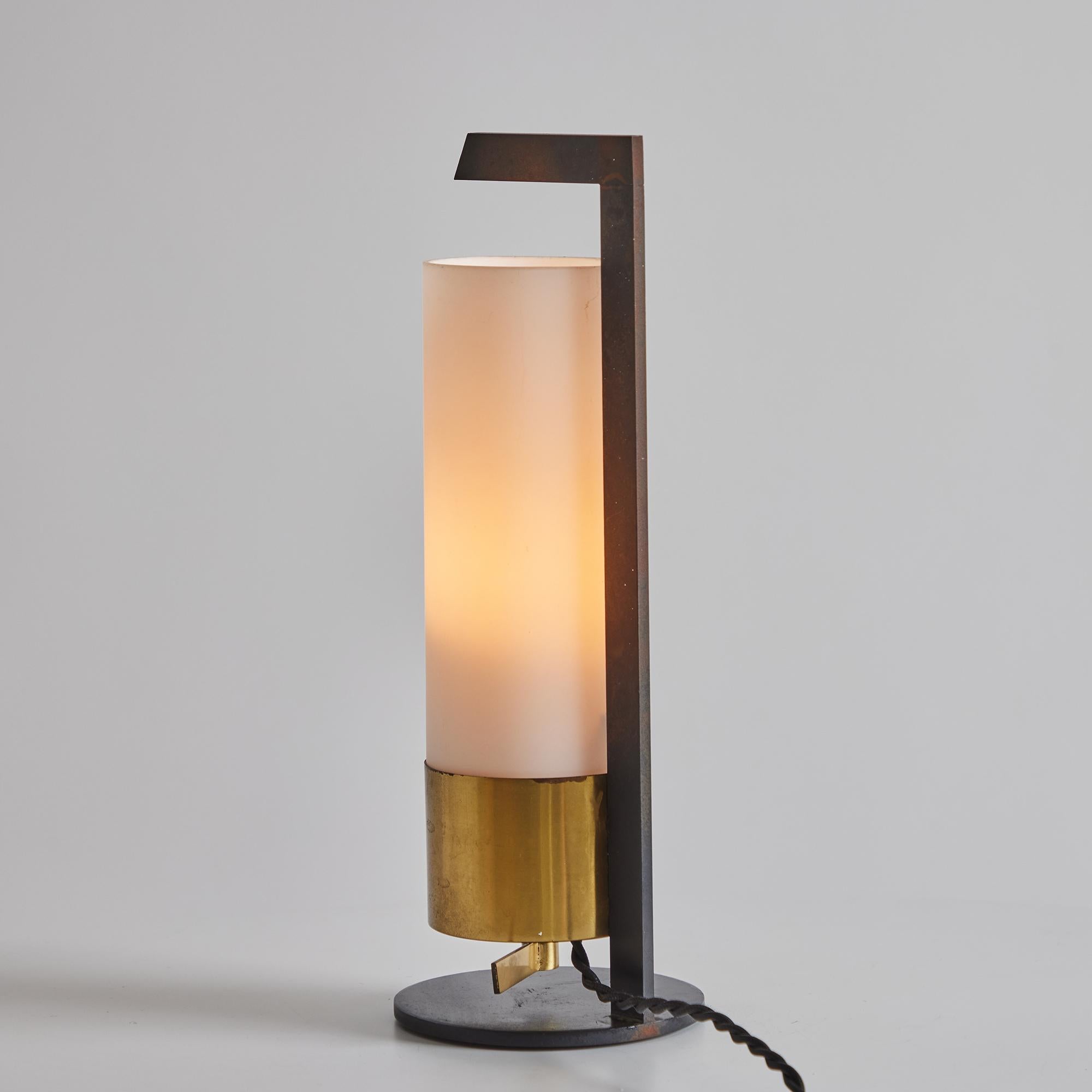 1950s Cylindrical Brass and Opaline Glass Table Lamp for Arlus For Sale 6