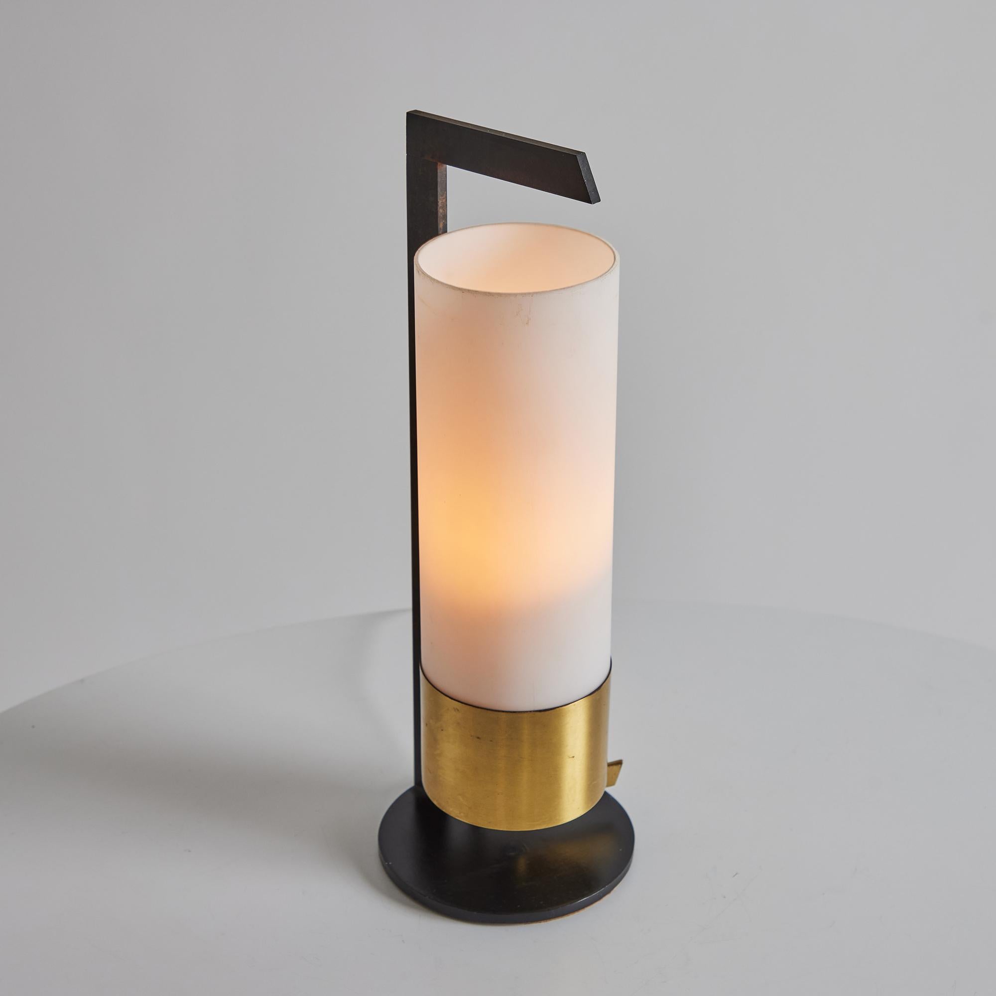 Metal 1950s Cylindrical Brass and Opaline Glass Table Lamp for Arlus For Sale