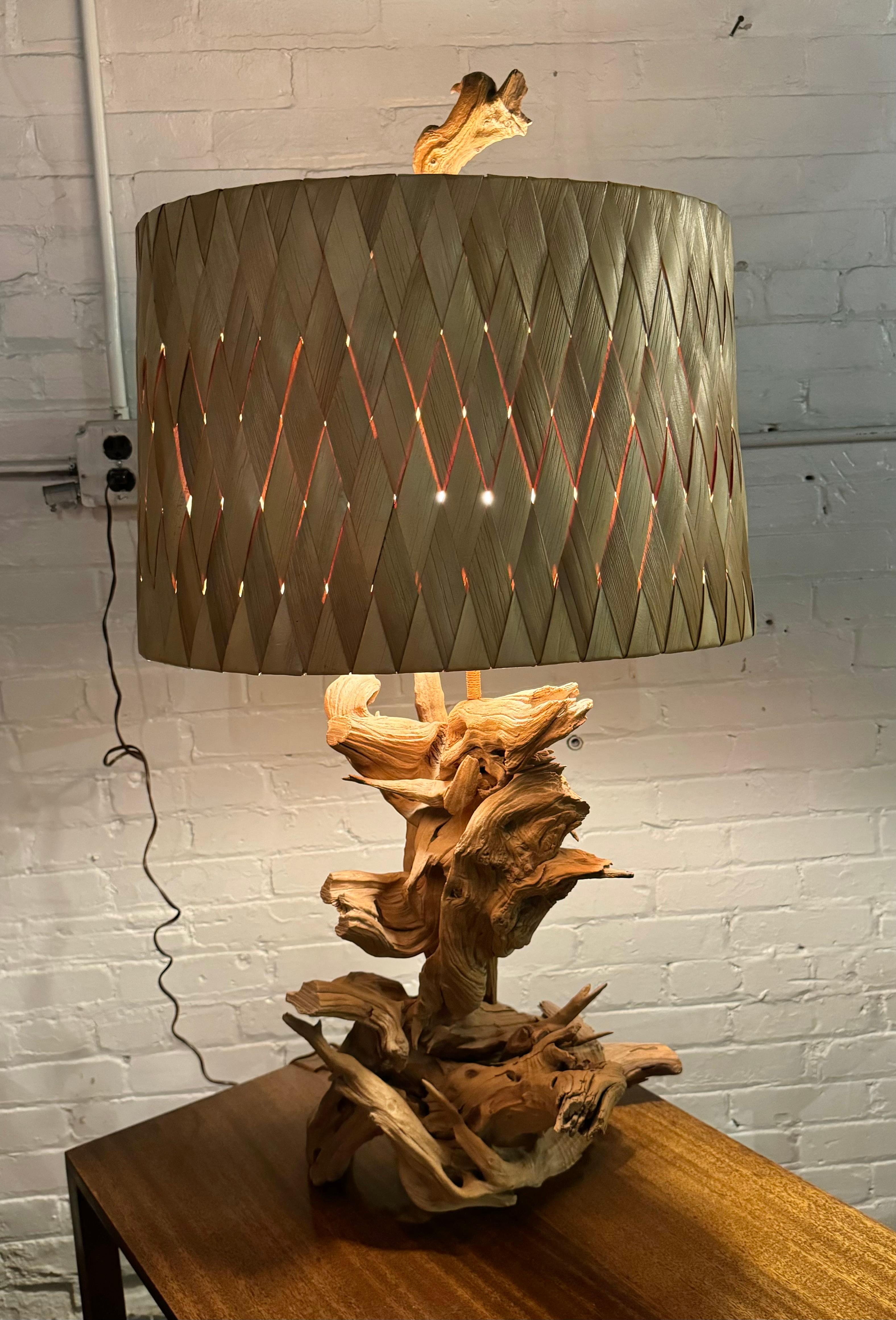 1950s Cyprus / Driftwood lamp with original Sabutan Palm Shade and finial 2
