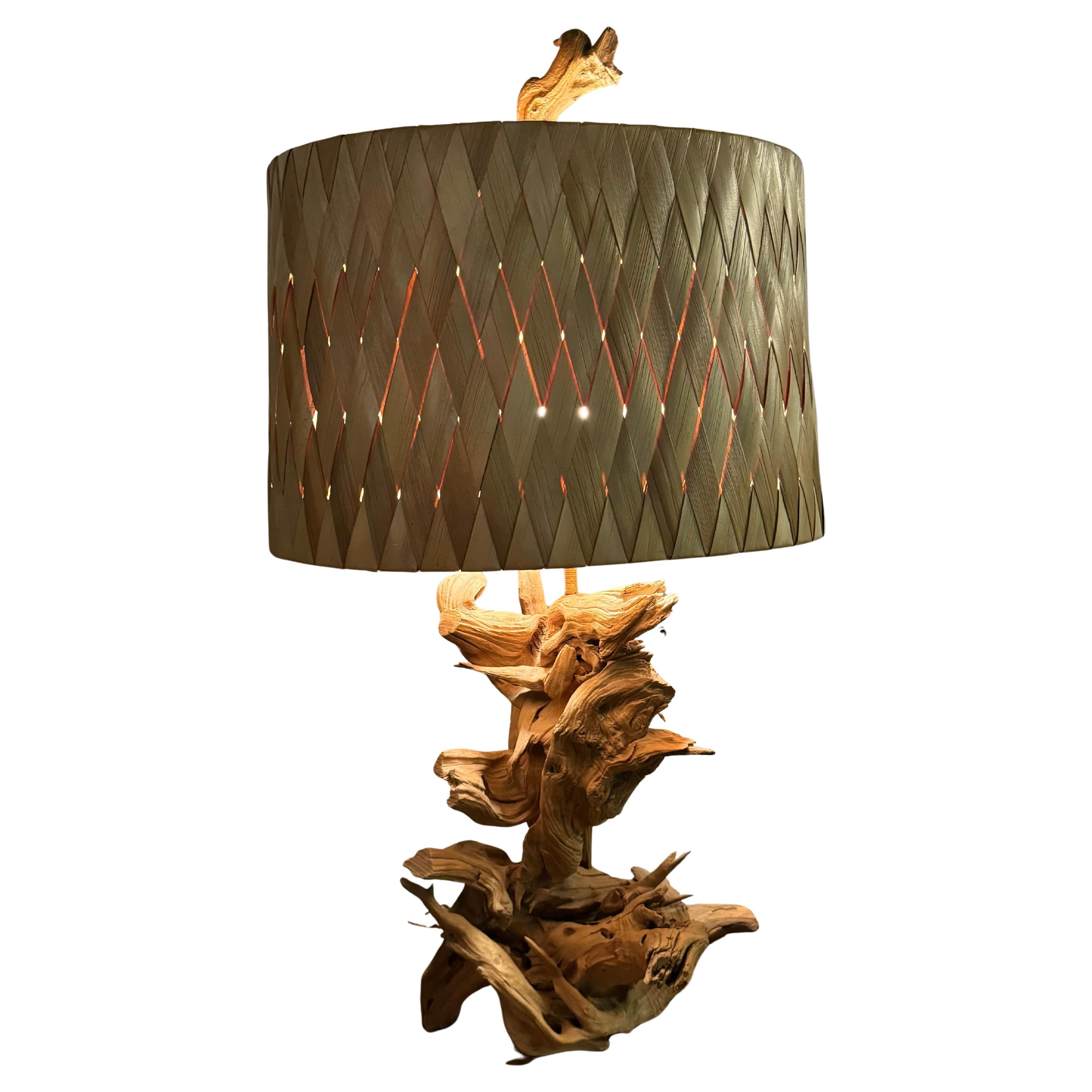 1950s Cyprus / Driftwood lamp with original Sabutan Palm Shade and finial